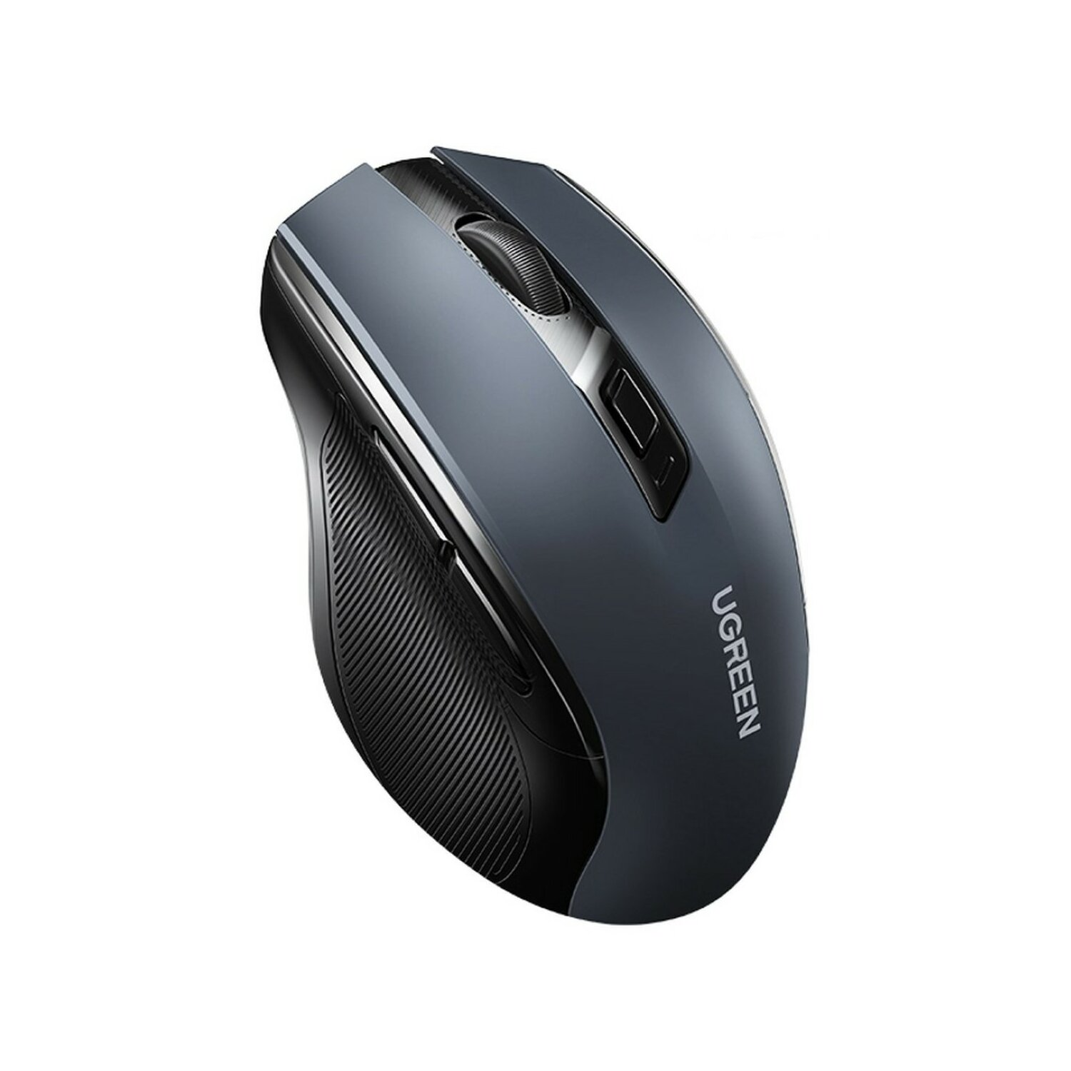Ciemnoszara mysz komputerowa z kółkiem przewijania i logo UGREEN, białe tło.