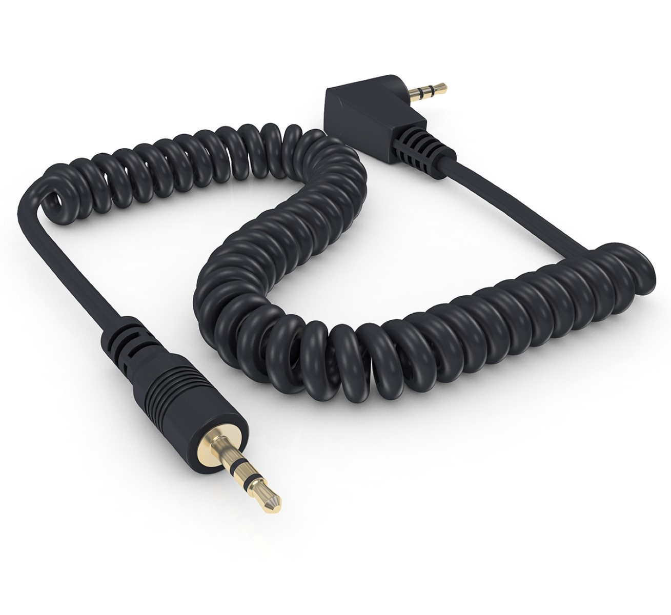 Schwarzes, gewendeltes Audiokabel mit goldfarbenen Steckern. Ein Ende ist L-förmig.