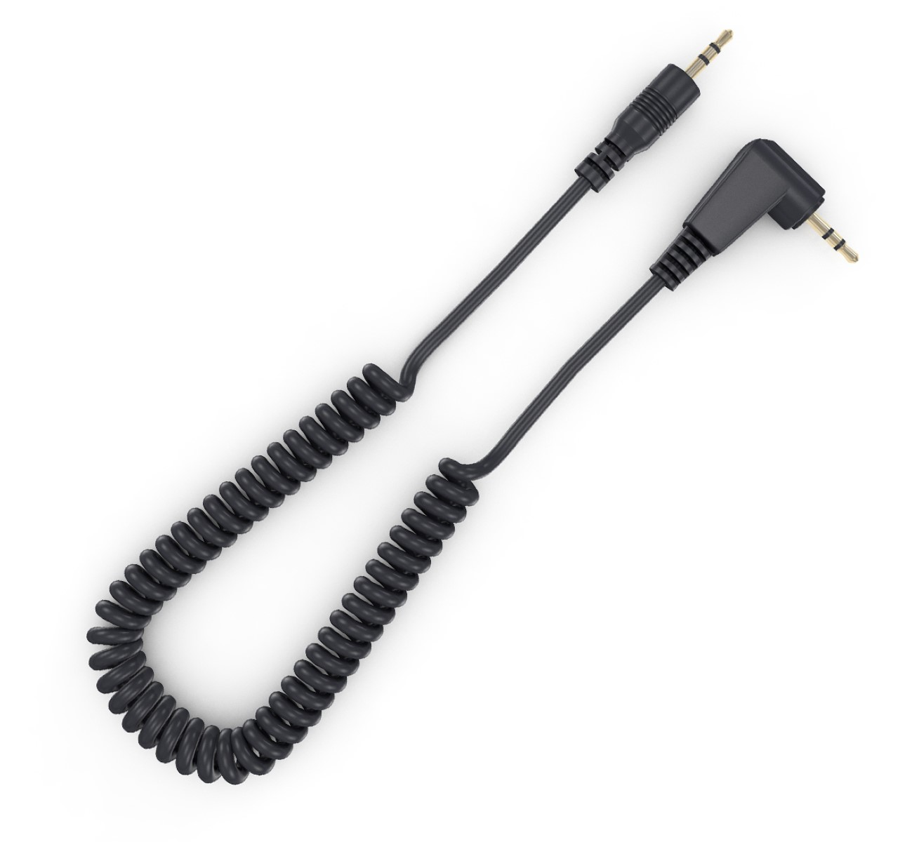 Schwarzes, gewendeltes Audiokabel mit zwei goldfarbenen Steckern auf weißem Hintergrund.