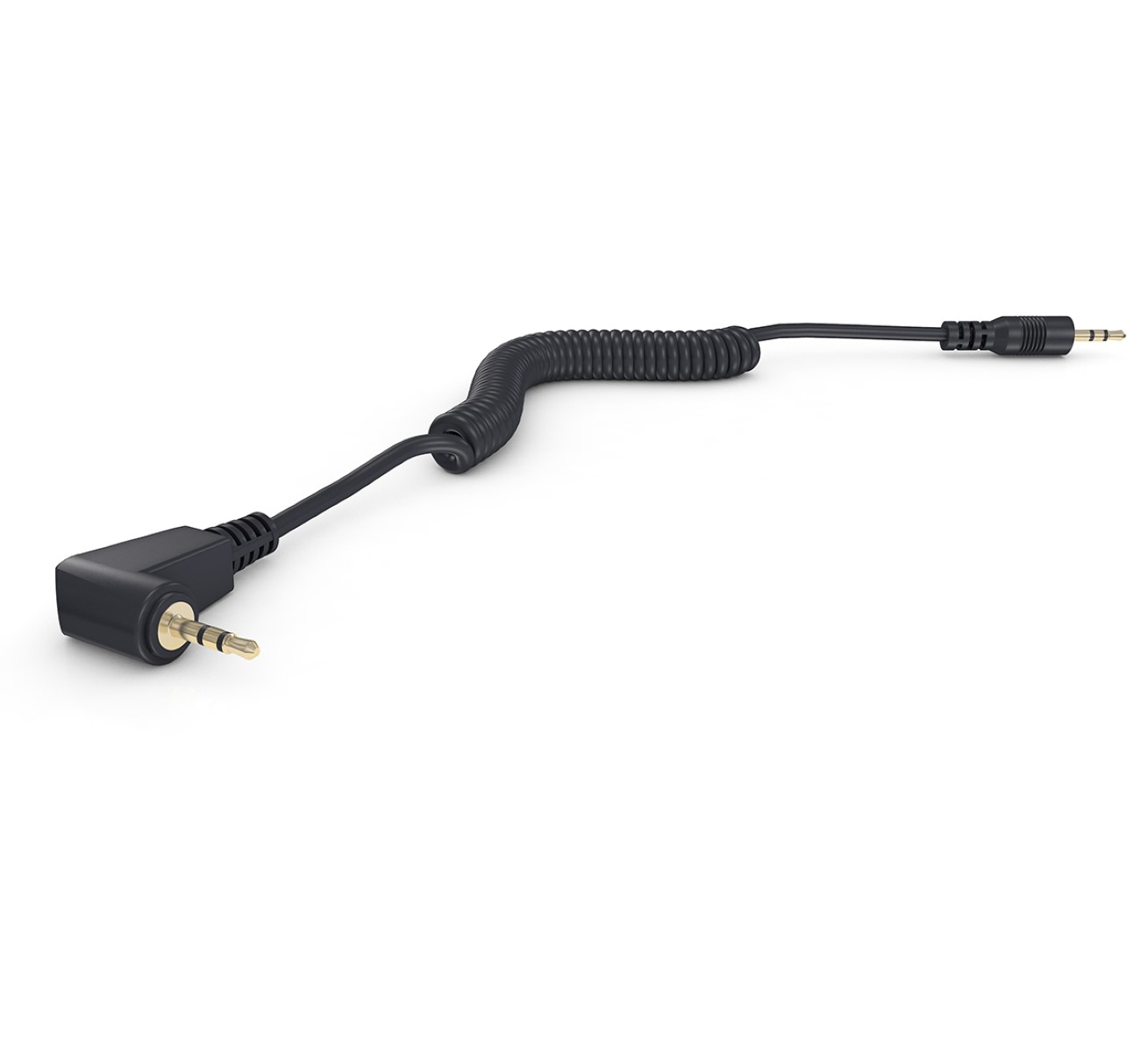 Schwarzes Audiokabel mit 3,5-mm-Buchsen und gewendeltem Abschnitt, isoliert auf weißem Hintergrund.
