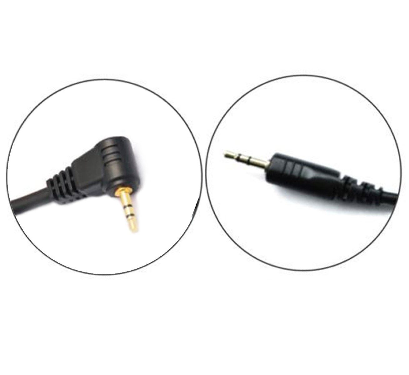 Nahaufnahme von zwei schwarzen 3,5-mm-Audioanschlüssen, einer gerade und einer abgewinkelt, beide mit goldfarbenen Steckern.