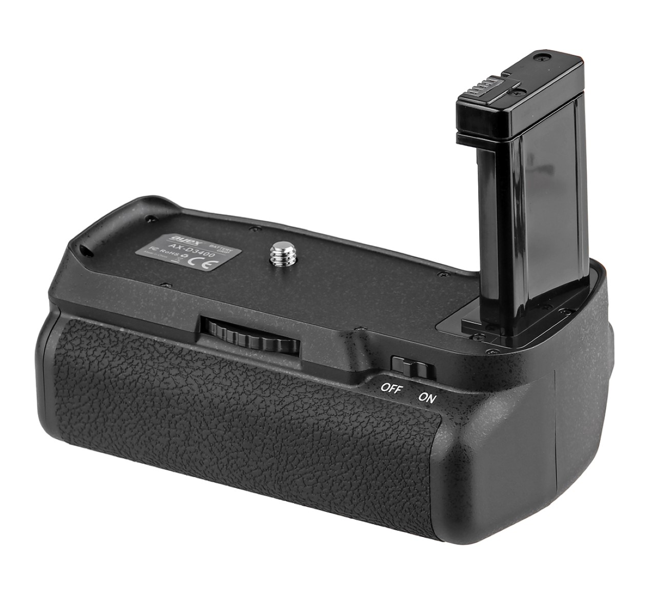 Ein schwarzer Kamerabatteriegriff mit Ein-/Ausschalter und Batteriefach.