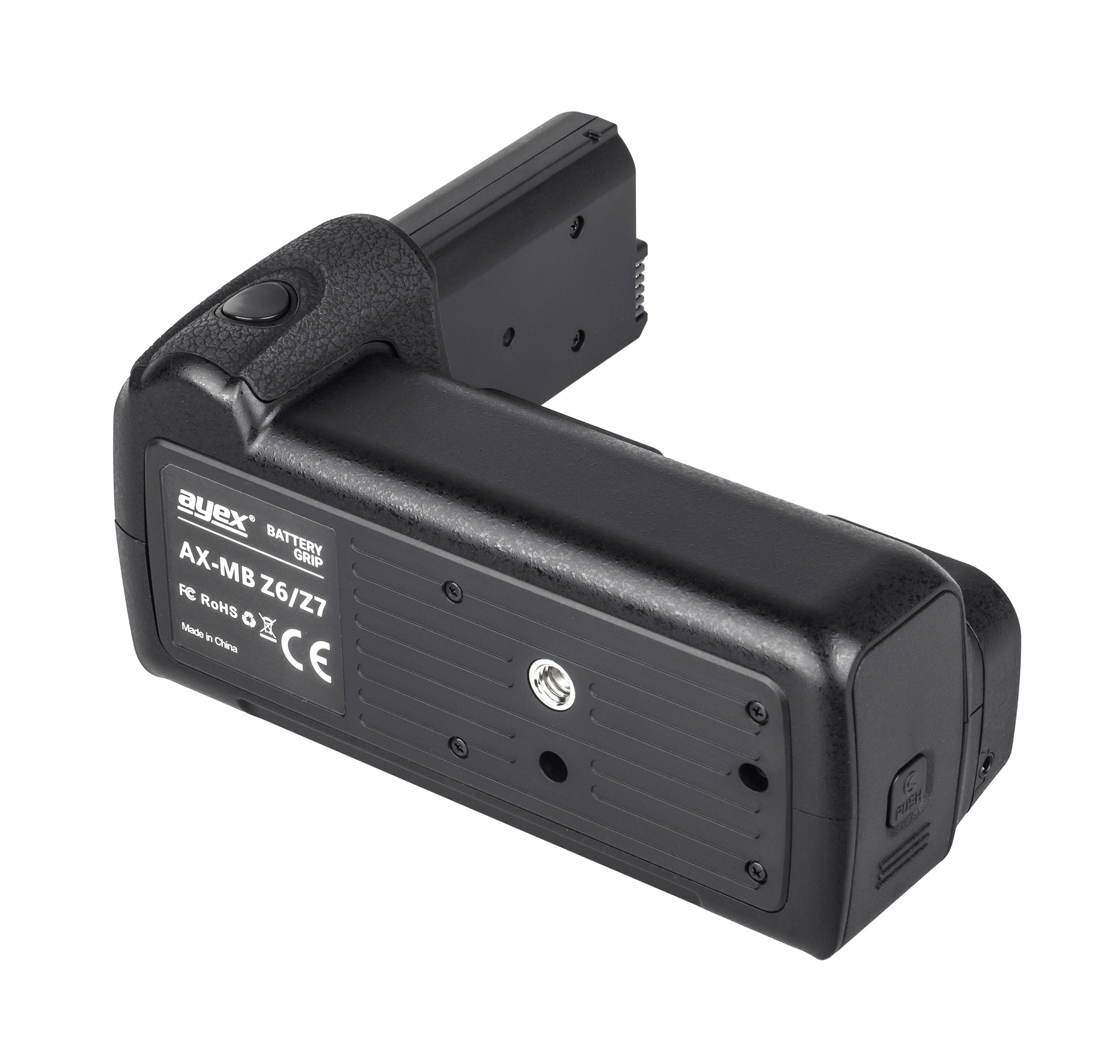 Schwarzer Kamera-Batteriegriff, mit Batteriegriff und Knöpfen.