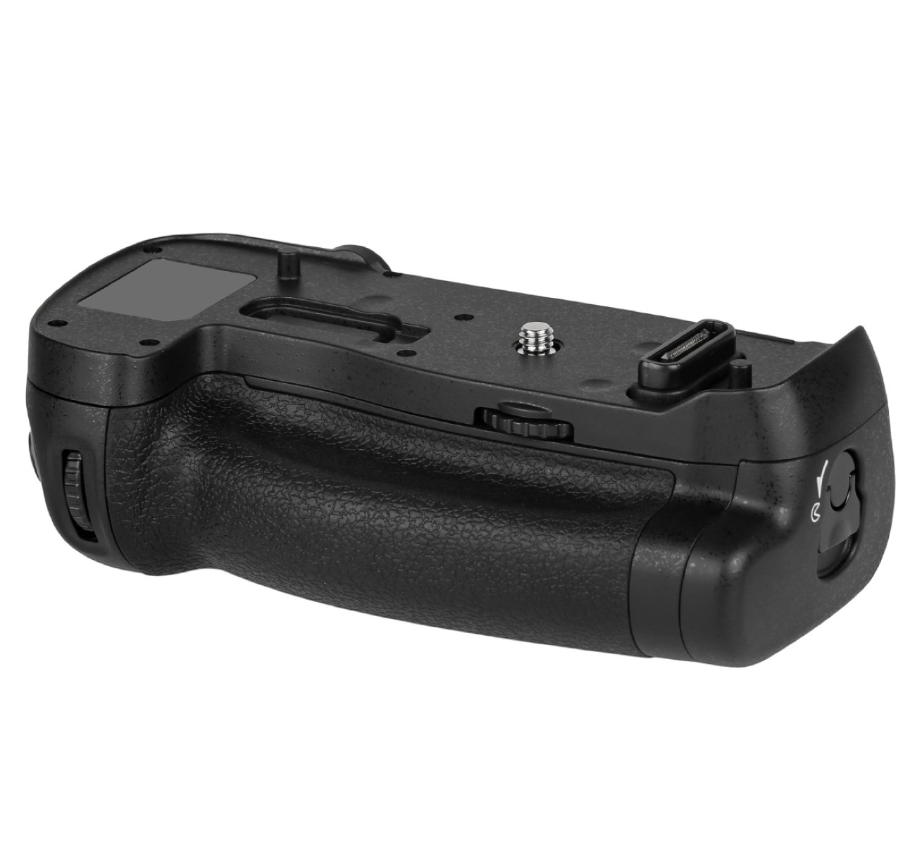 Schwarzer Kamera-Batteriegriff mit Knöpfen und Rädern.