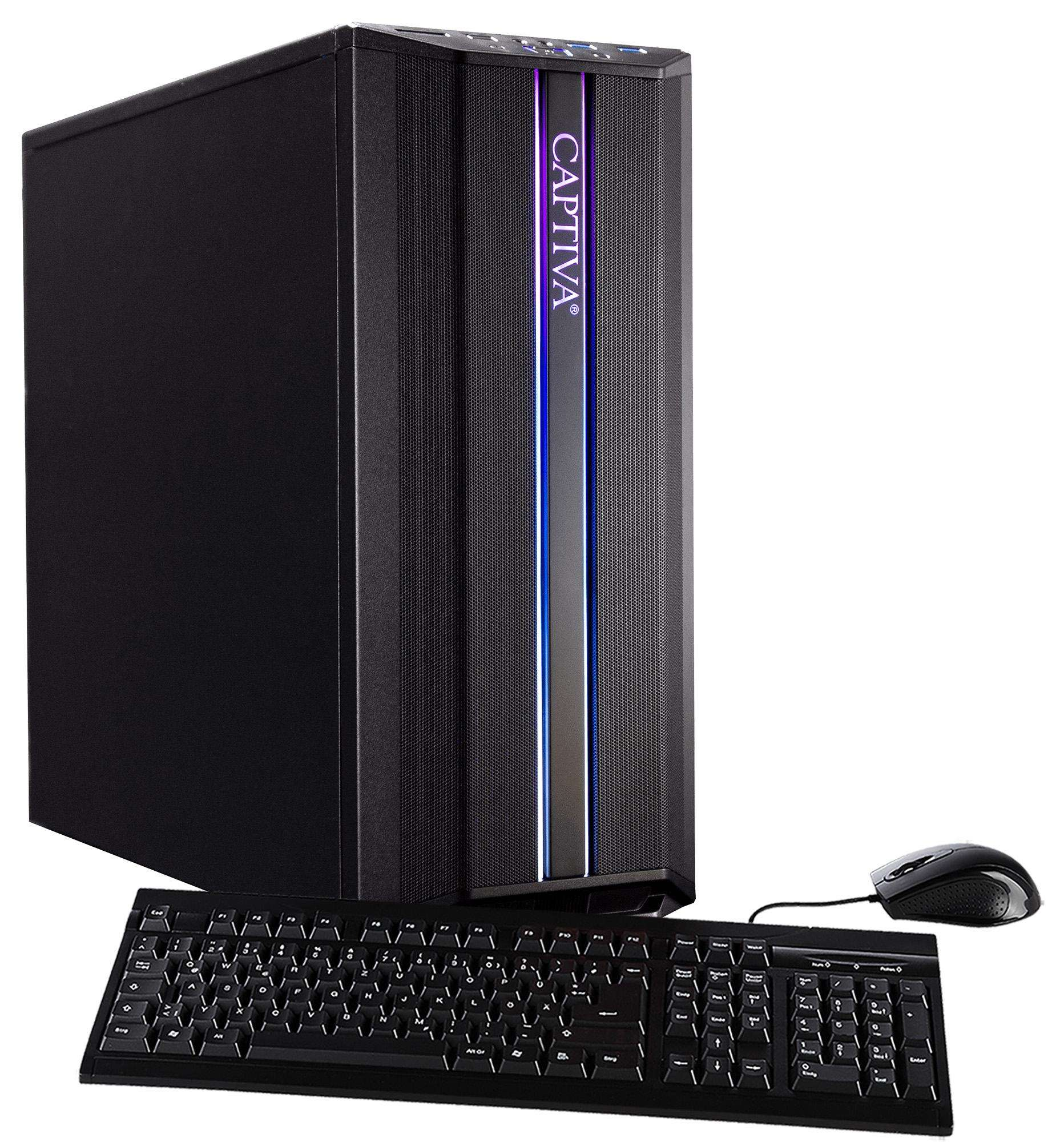 Zwarte Captiva pc, toetsenbord en muis. De pc heeft een verticale lichtstrip.