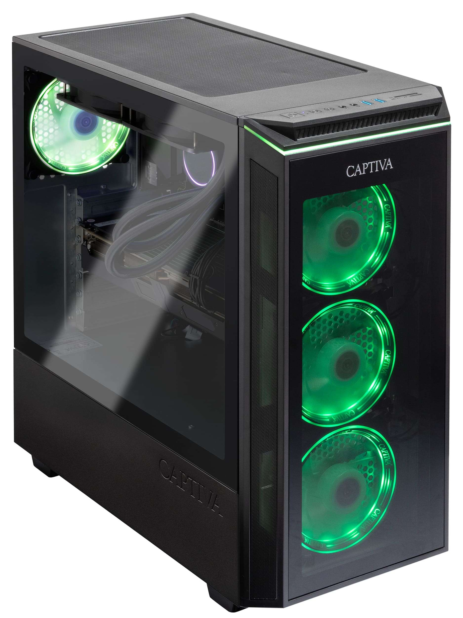 Caja de ordenador negra con luces y ventiladores verdes, vista en ángulo.