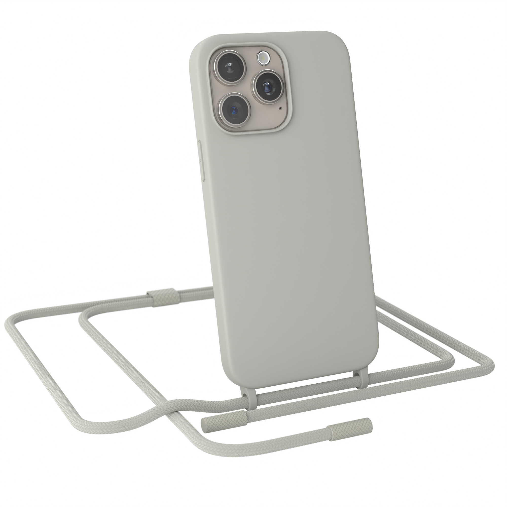 Hellgraue Handyhülle mit Kordel, das Telefon hat drei Kameras.