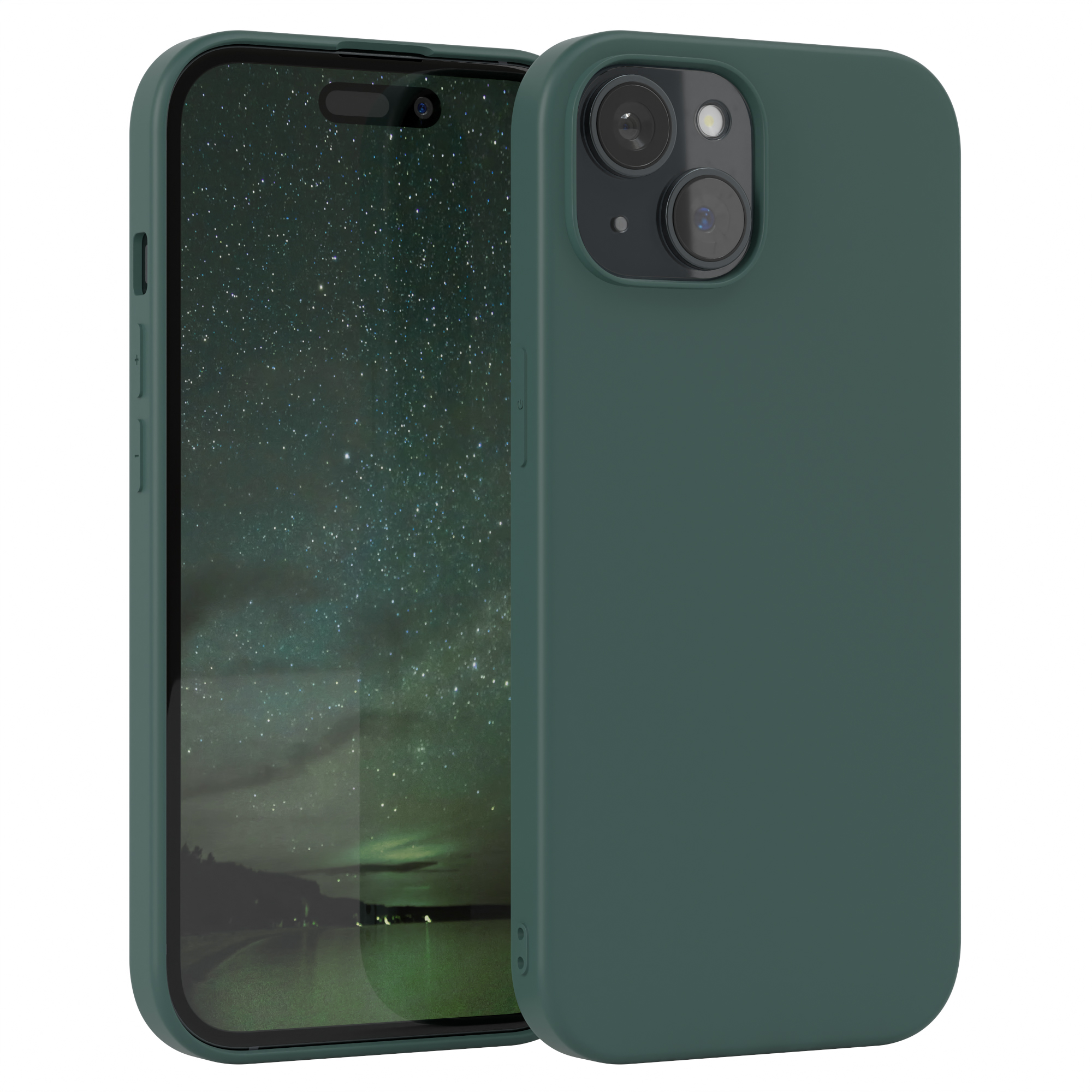 Zwei grüne Handyhüllen, eine auf weißem Grund, die andere mit einem Telefon darin.