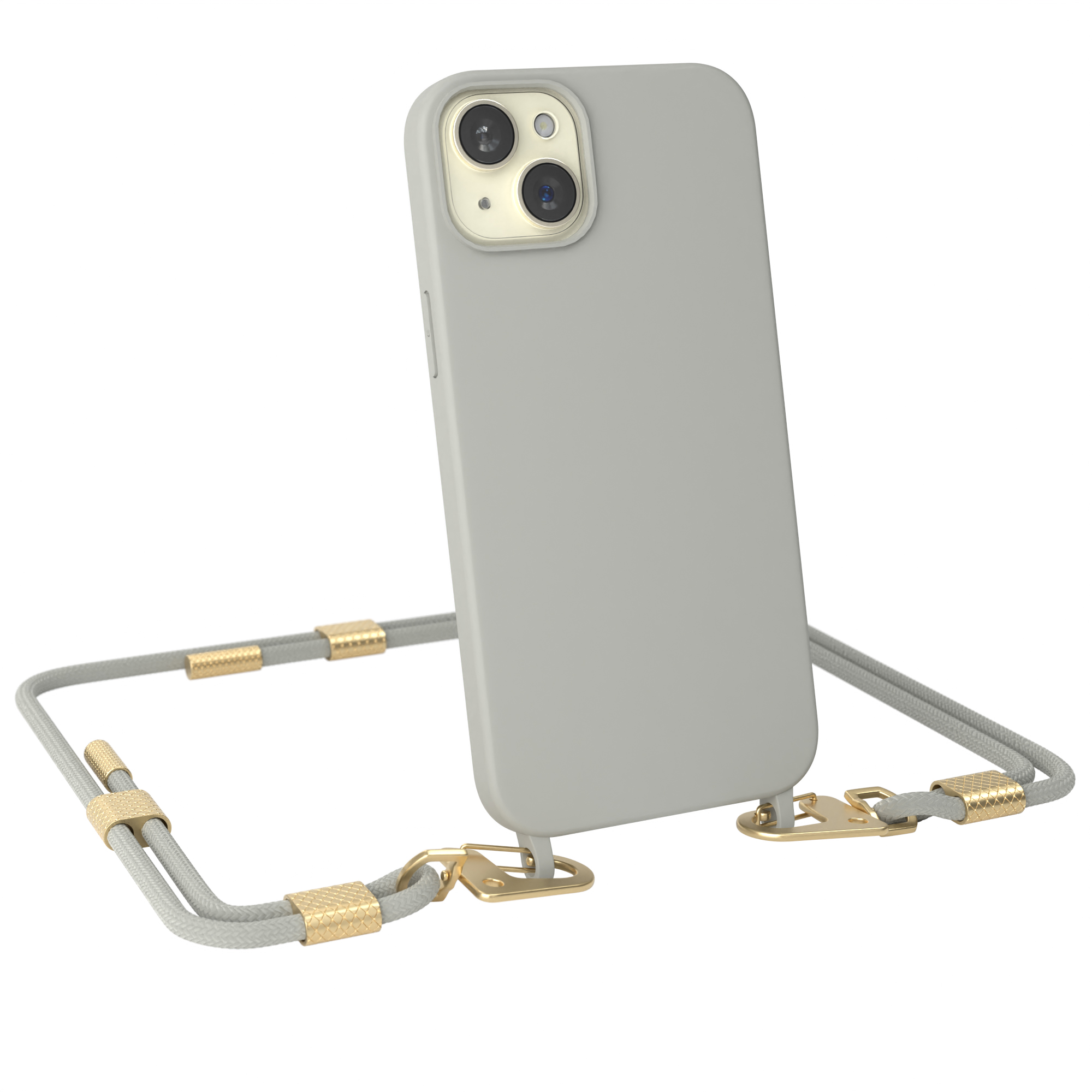Graue Handyhülle mit Lanyard, Telefon ist befestigt, goldfarbene Verschlüsse.