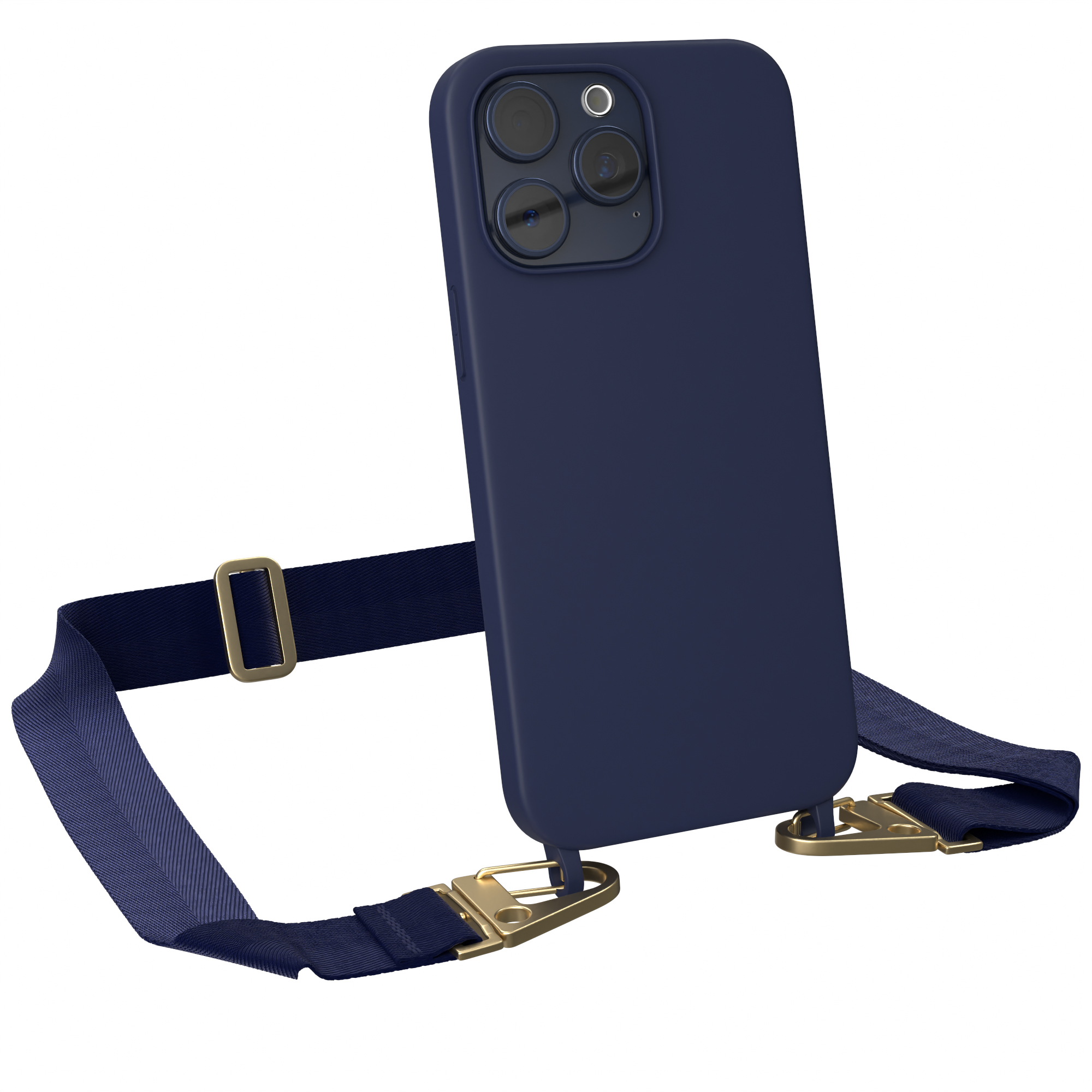 EAZY CASE iPhone Gold Breit / Umhängetasche, Hülle, Apple, Max, Karabiner mit Silikon Pro Premium Handy 15 Dunkel Blau Kette
