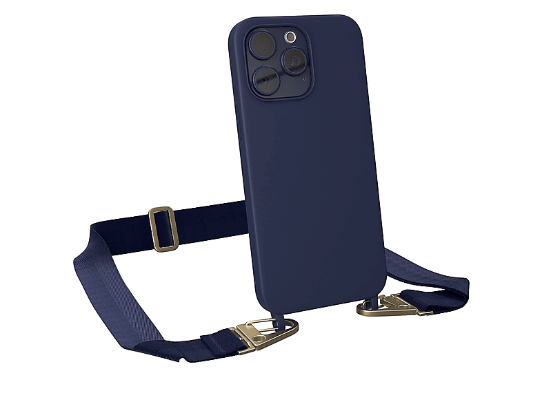 EAZY CASE Handy Kette Breit mit Karabiner Premium Silikon Hülle, Umhängetasche, Apple, iPhone 15 Pro Max, Dunkel Blau / Gold
