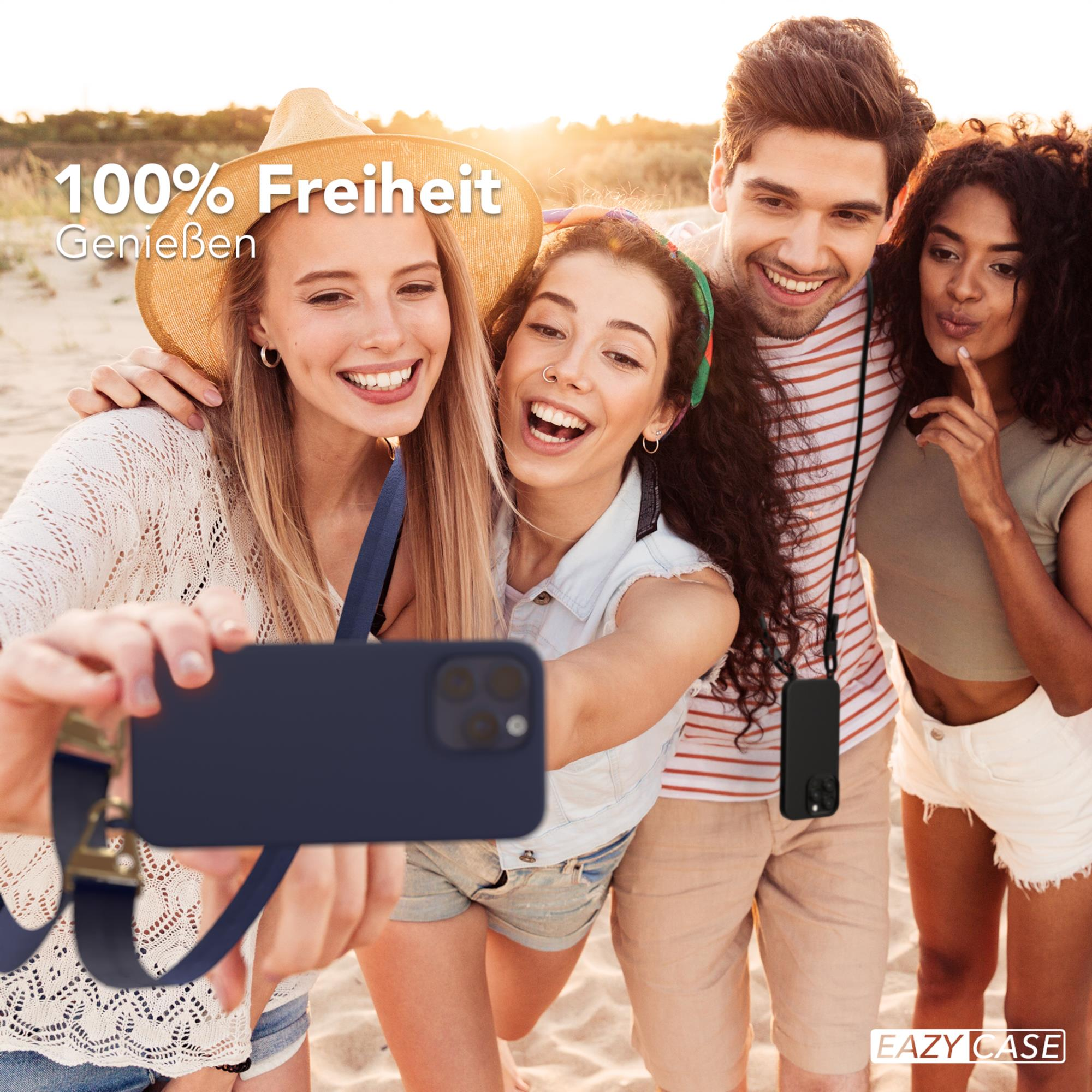 EAZY Gold Pro Silikon Apple, / Blau Kette Hülle, Premium Umhängetasche, Breit Dunkel Max, Karabiner CASE mit iPhone Handy 15