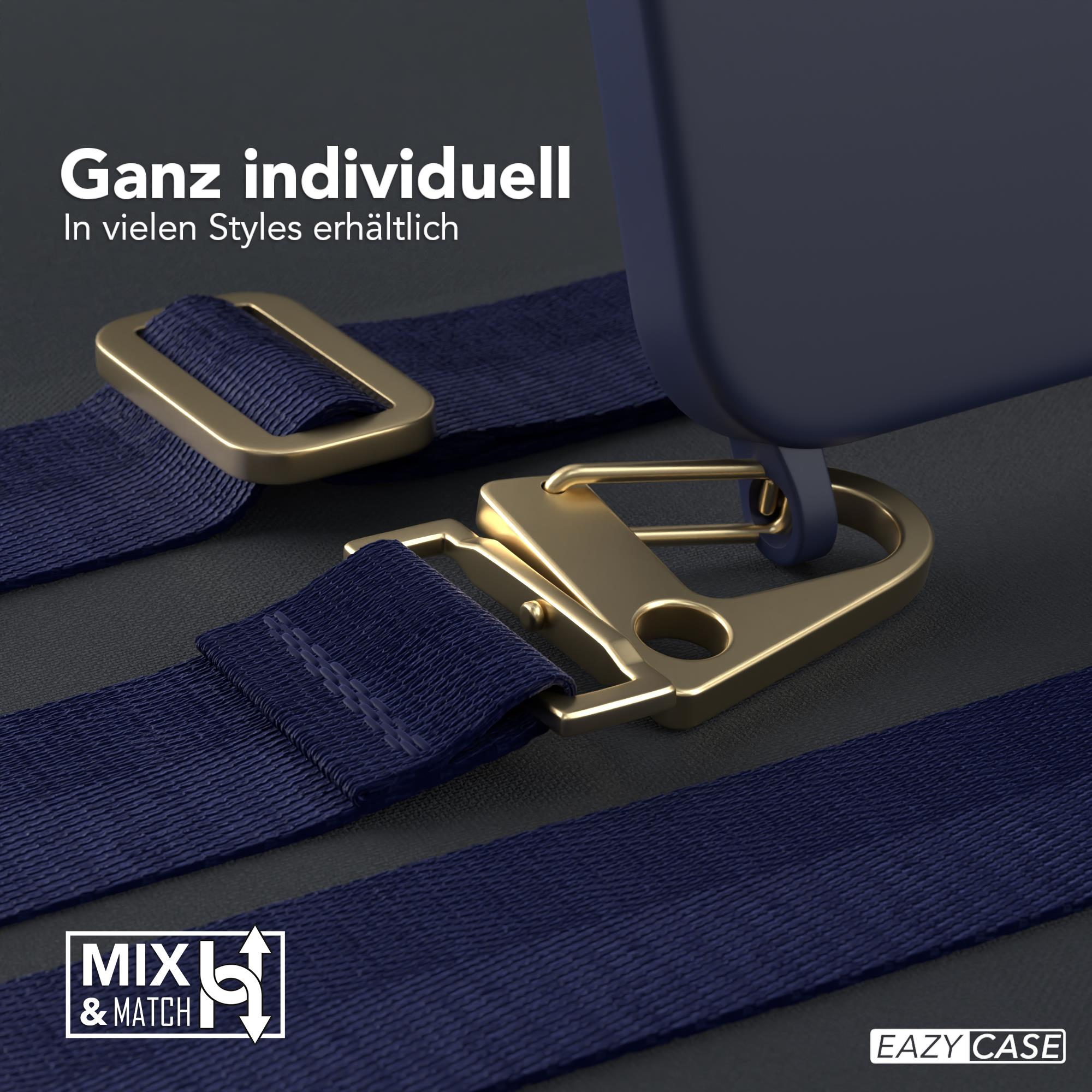 Nahaufnahme eines Handyhüllenriemens mit goldfarbener Hardware und einem marineblauen Riemen, der Details und Design zeigt.