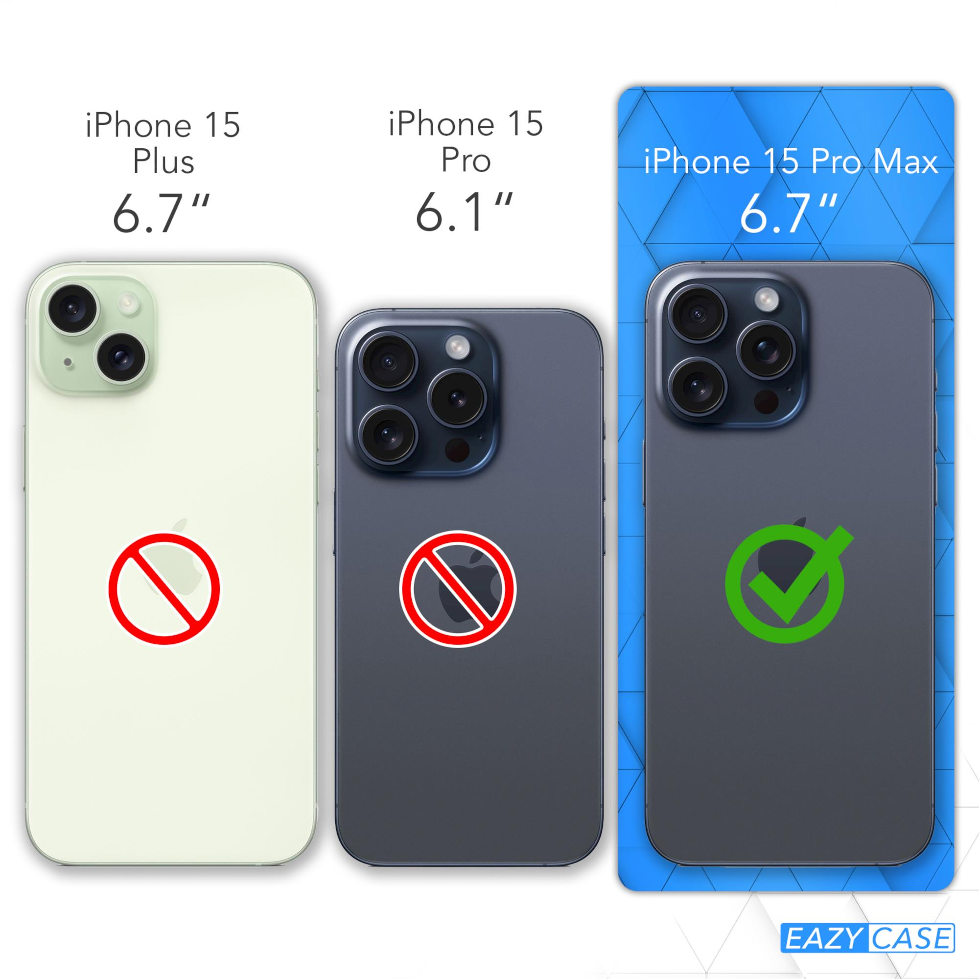 Drei iPhones nebeneinander, mit Größenangaben. Nur das iPhone 15 Pro Max mit grünem Häkchen.