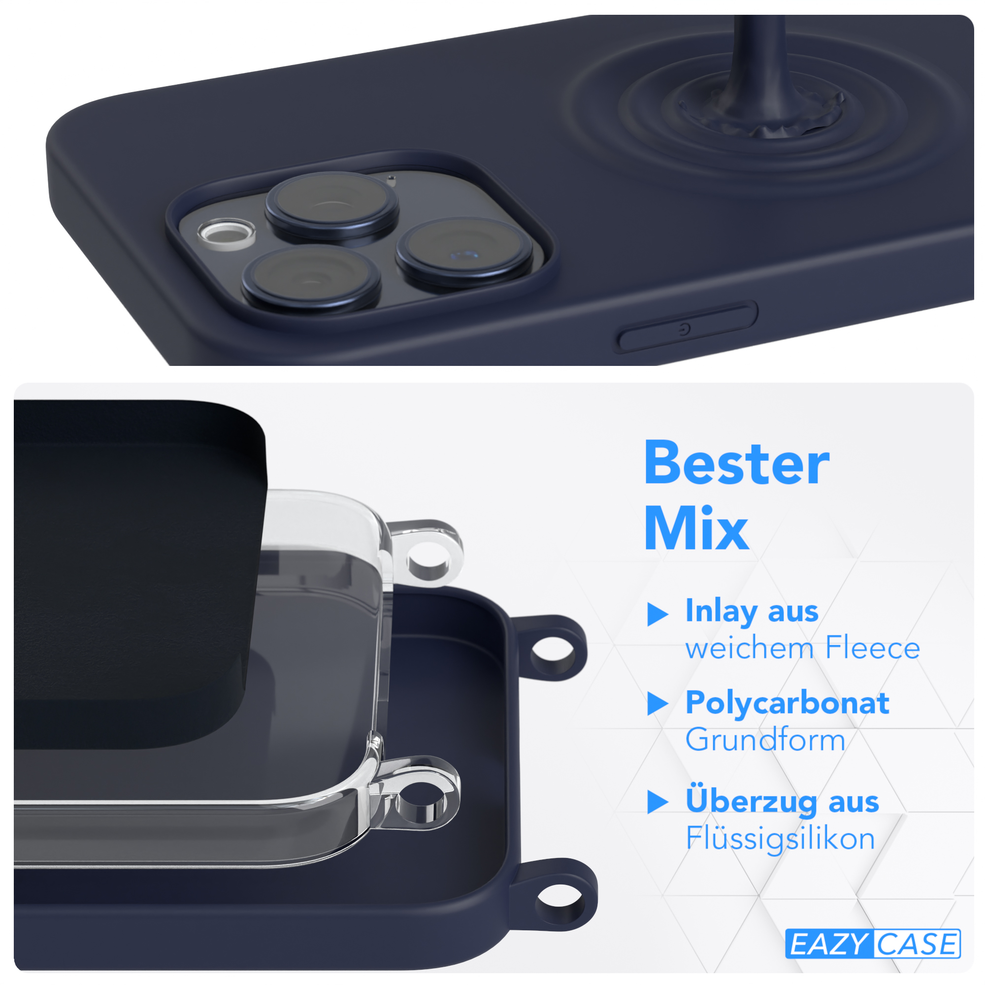 EAZY CASE iPhone Gold Breit / Umhängetasche, Hülle, Apple, Max, Karabiner mit Silikon Pro Premium Handy 15 Dunkel Blau Kette