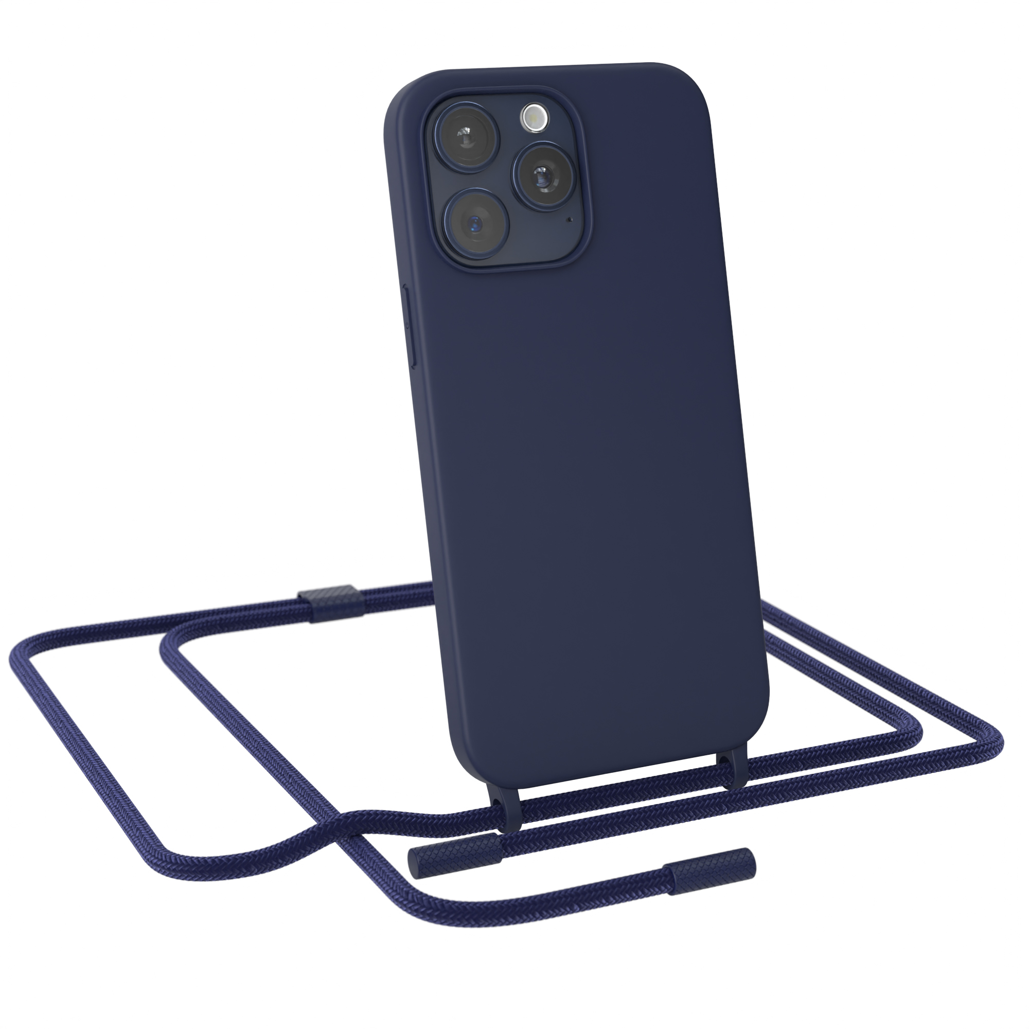 Blaues Telefon mit dunkelblauer Hülle und Lanyard, mit Dreifachkamera.