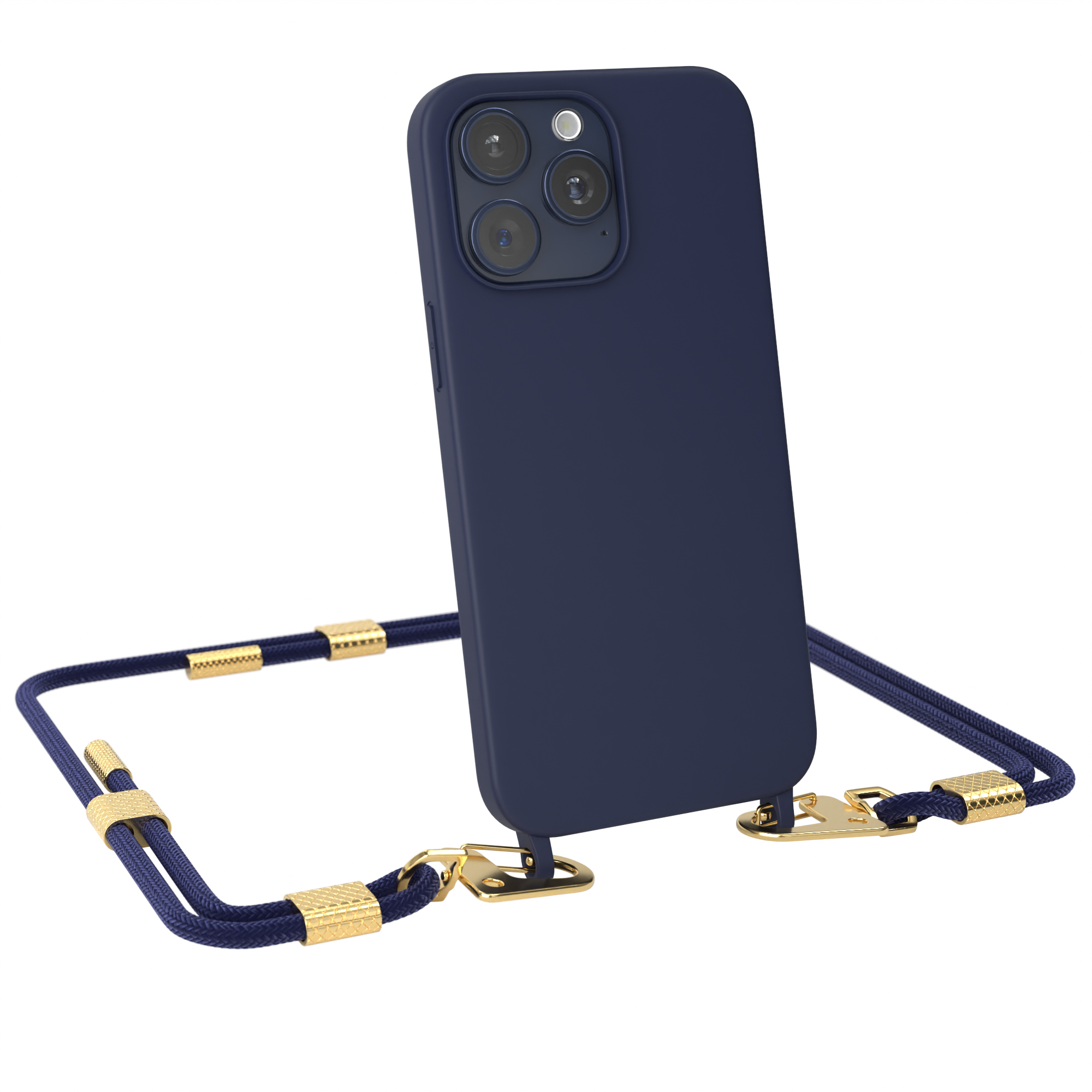 Blaue Handyhülle mit Lanyard und goldenen Akzenten auf weißem Grund.