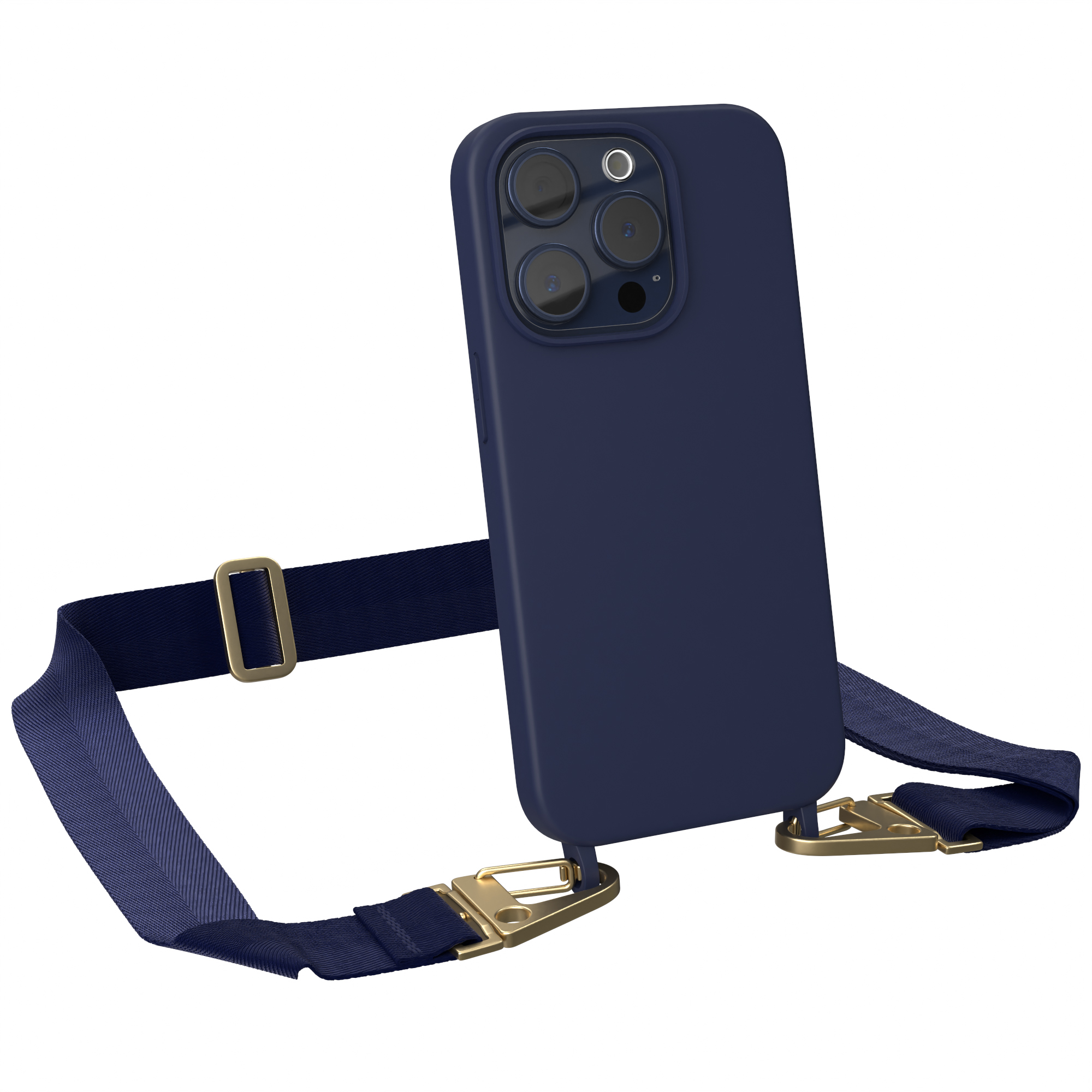Marineblaue Handyhülle mit Lanyard. Der Hintergrund ist weiß.