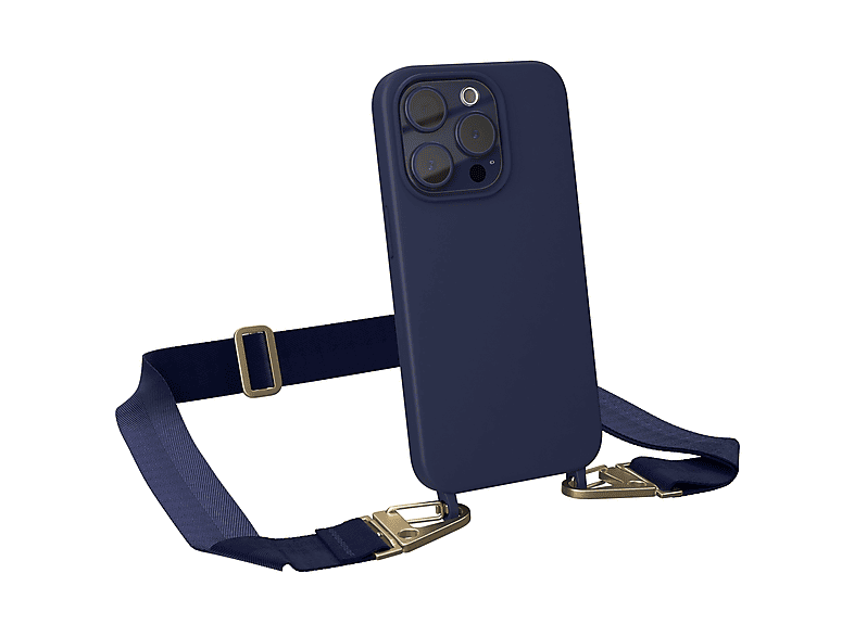 EAZY CASE Handy Kette 15 Karabiner Umhängetasche, Breit Pro, Blau Silikon Dunkel Apple, Hülle, iPhone Premium Gold mit 