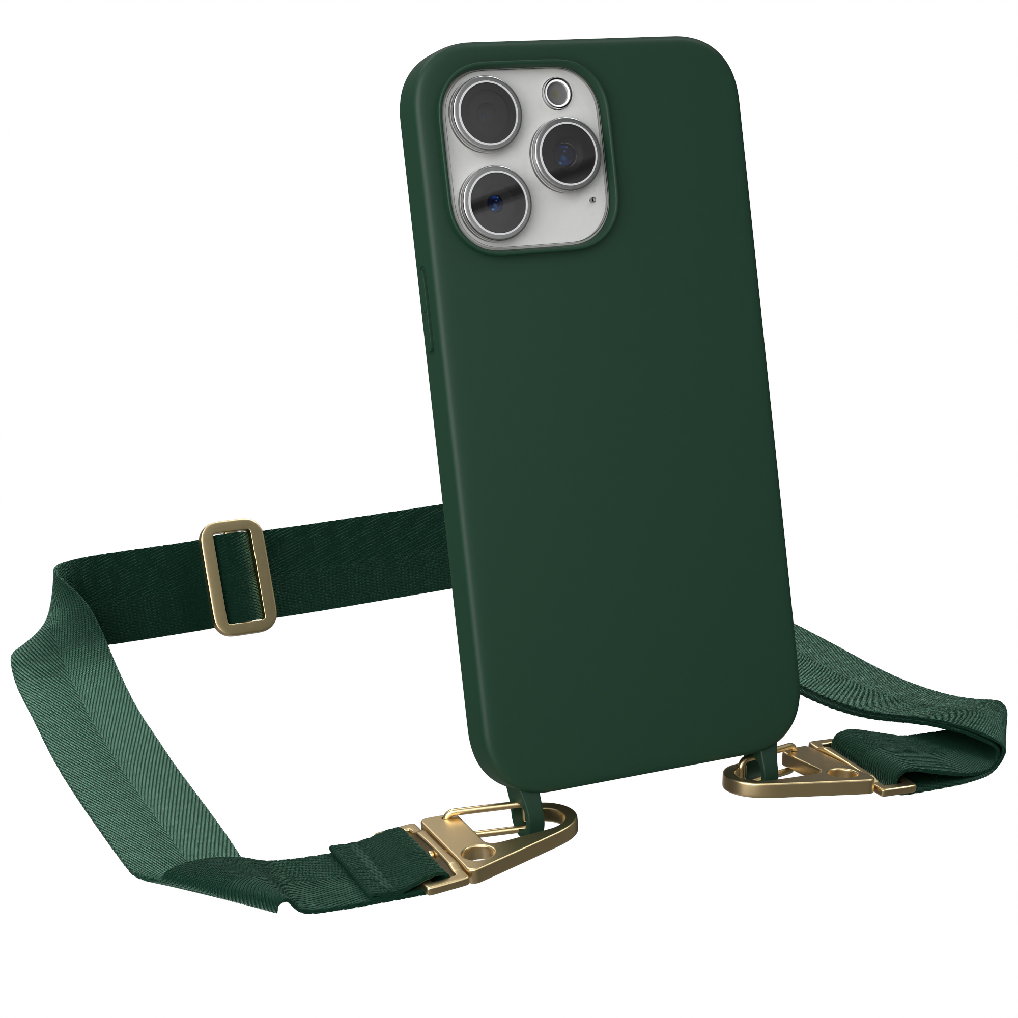 EAZY CASE Handy Kette Hülle, 15 Breit Premium Apple, Gold iPhone Pro / Umhängetasche, mit Dunkel Karabiner Grün Max, Silikon