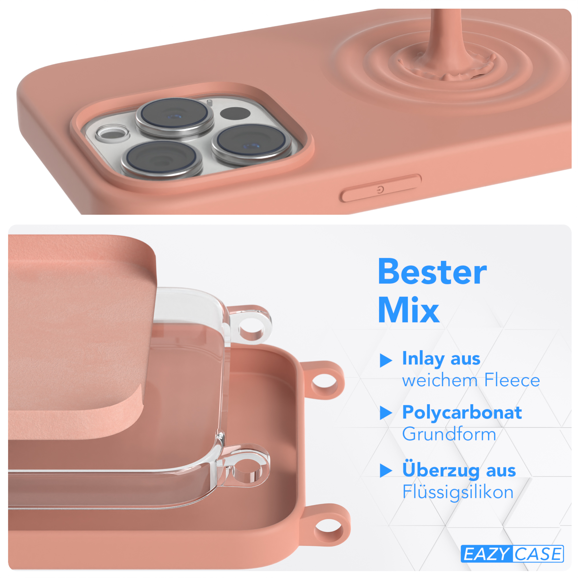 Nahaufnahme einer rosa Handyhülle. Sie besteht aus Fleece-Inlay, Polycarbonat und Silikon.