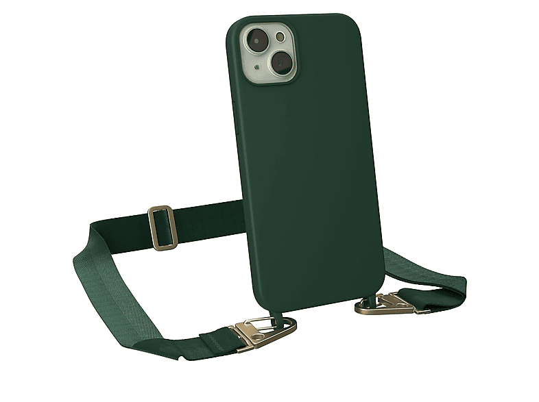 EAZY CASE Handy Kette Breit mit Karabiner Premium Silikon Hülle, Umhängetasche, Apple, iPhone 15 Plus, Dunkel Grün / Gold