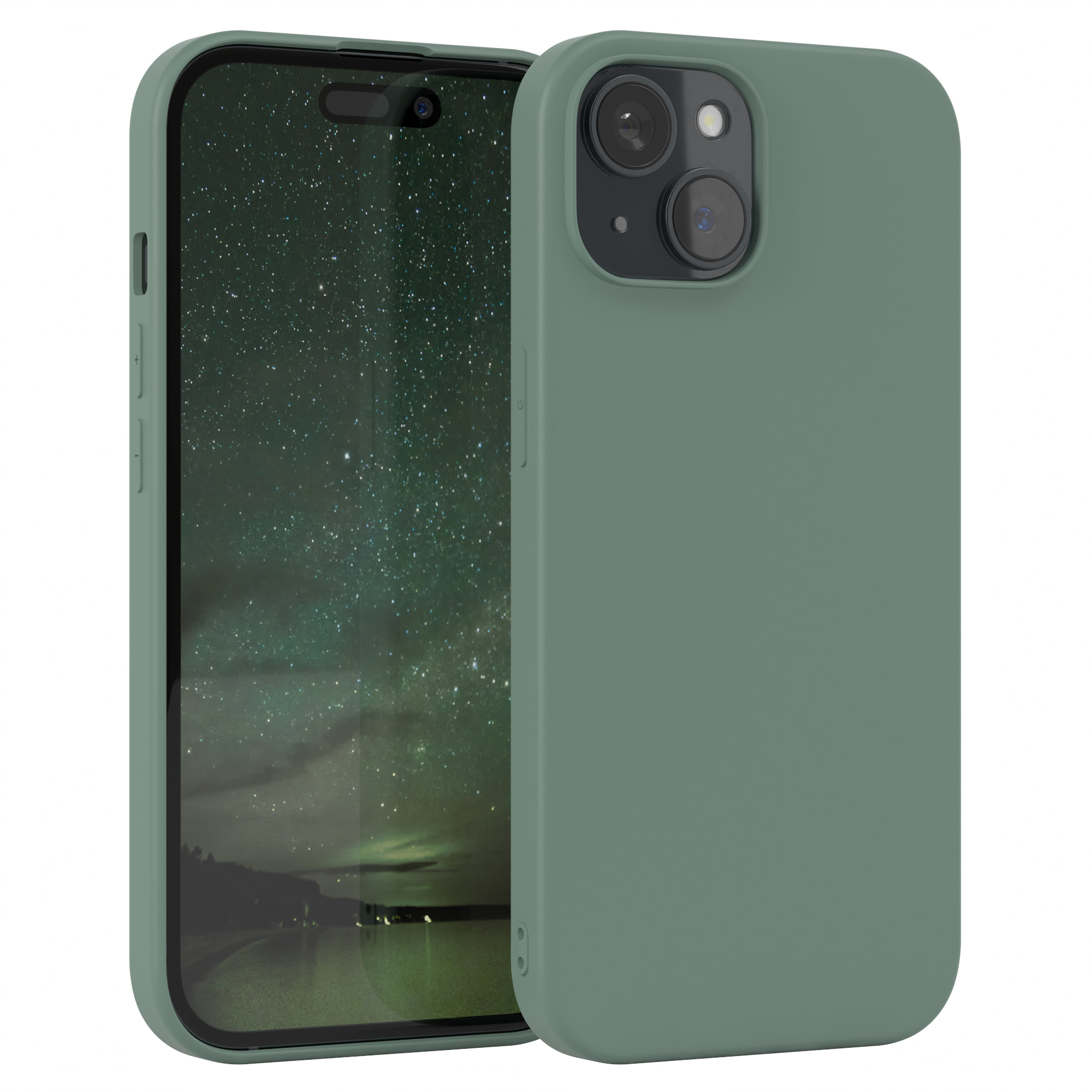 Grüne Handyhülle. Ein Telefon ist darin. Die Rückseite der Handyhülle ist einfarbig.