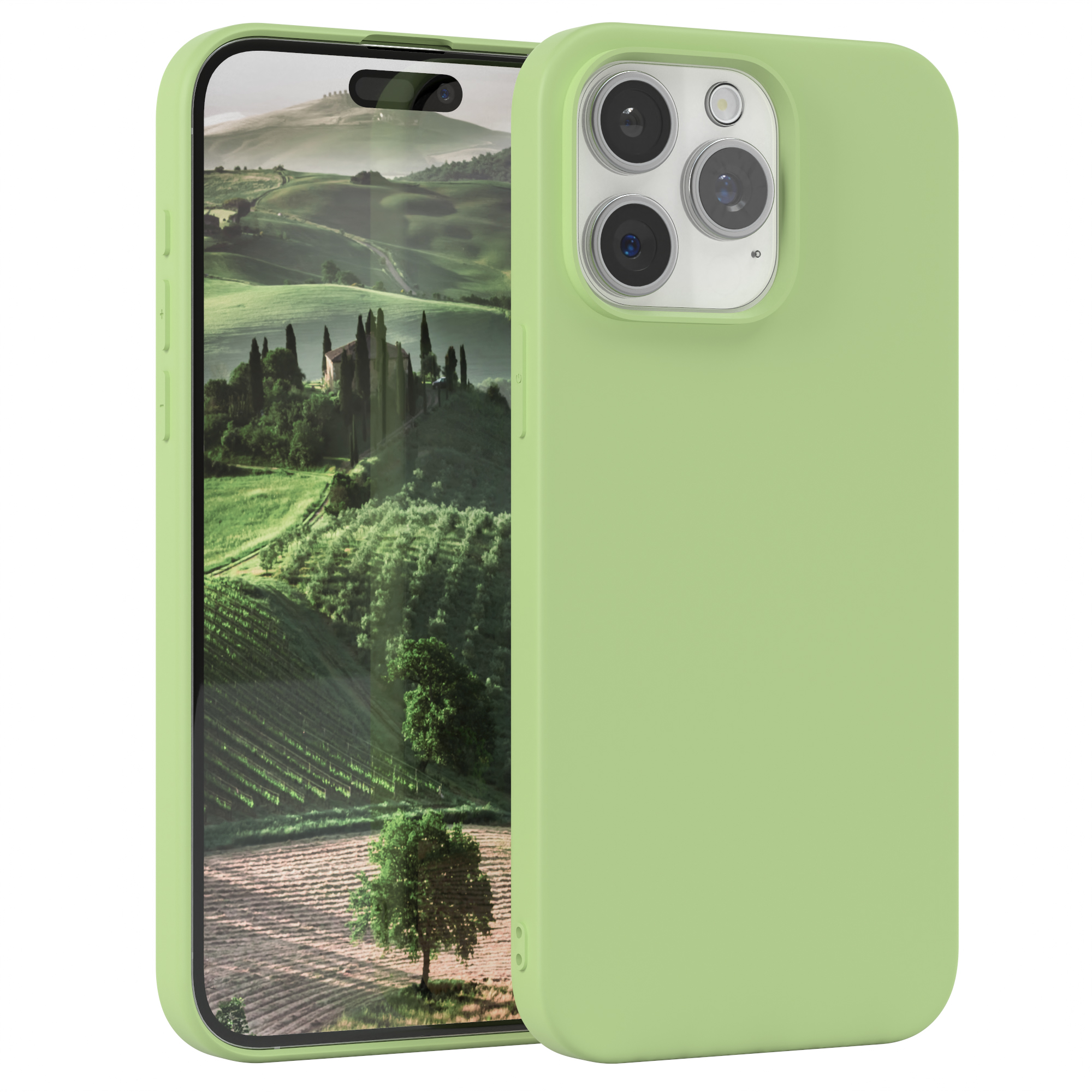 Grüne Handyhülle auf einem Telefon. Das Telefon zeigt eine malerische Landschaft.