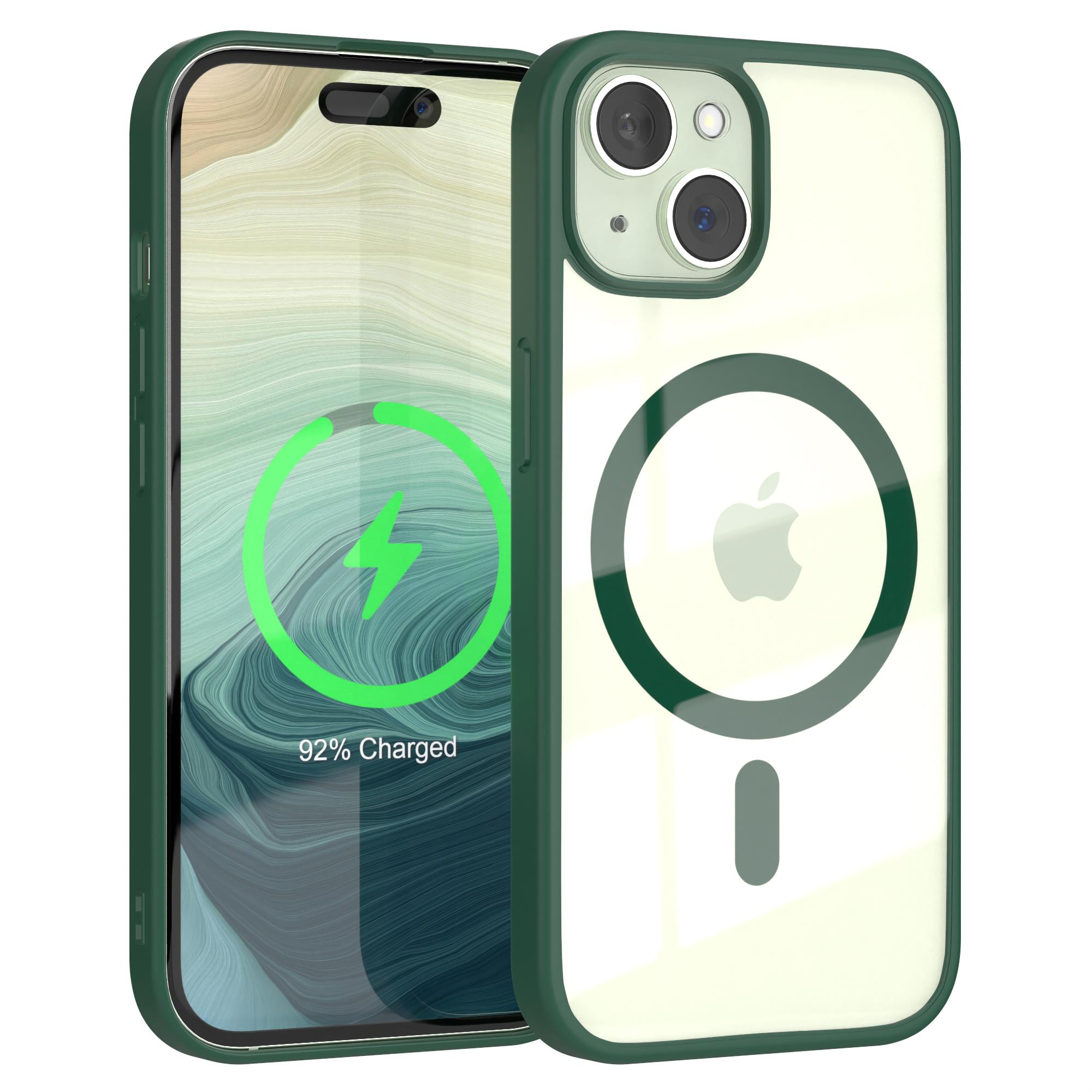 Grüne Handyhülle mit Ladesymbol und teilweise sichtbarem Telefon im Inneren.