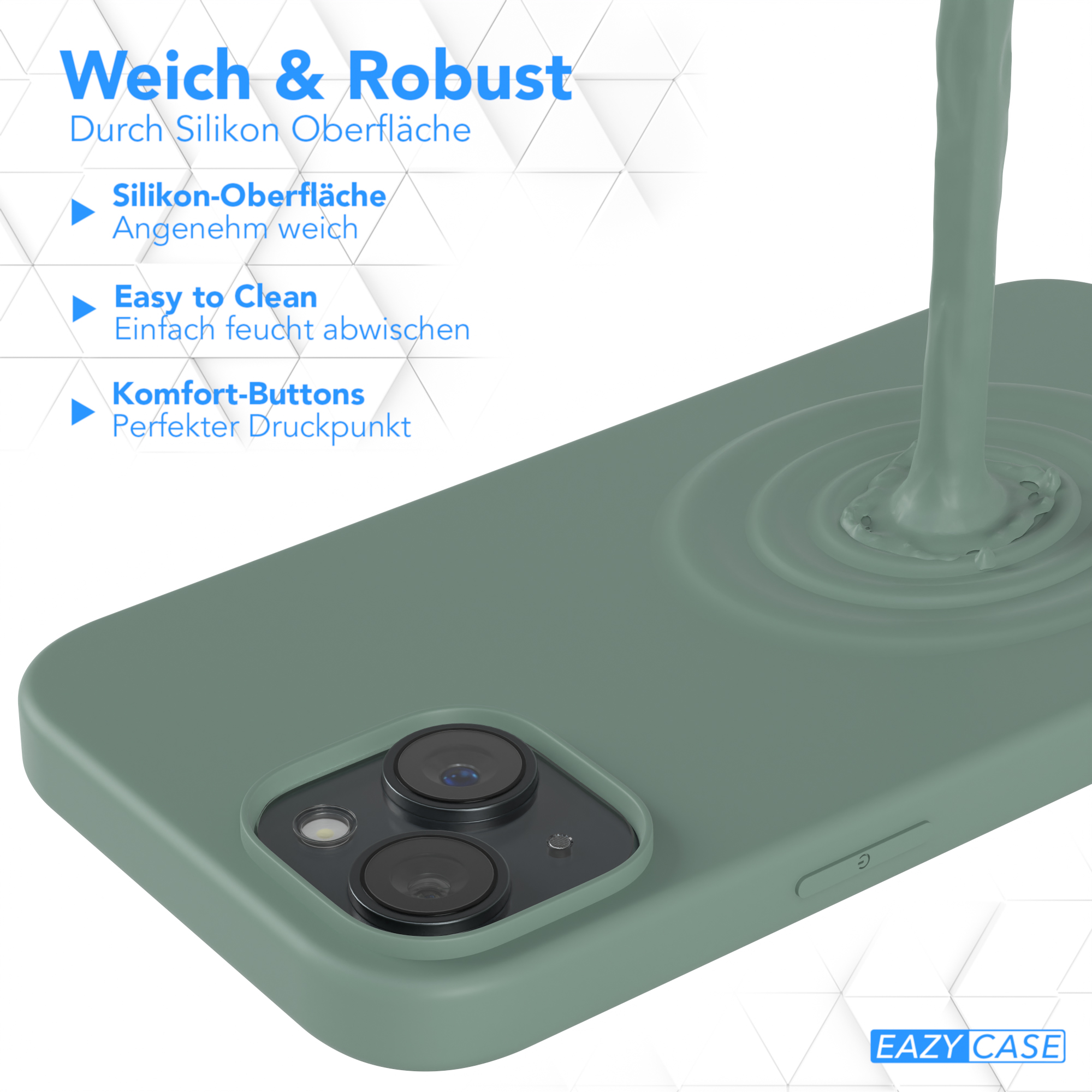 Grüne Handyhülle mit abgewinkeltem Design. Text: "Weich & Robust" und "Eazy Case" Logo.