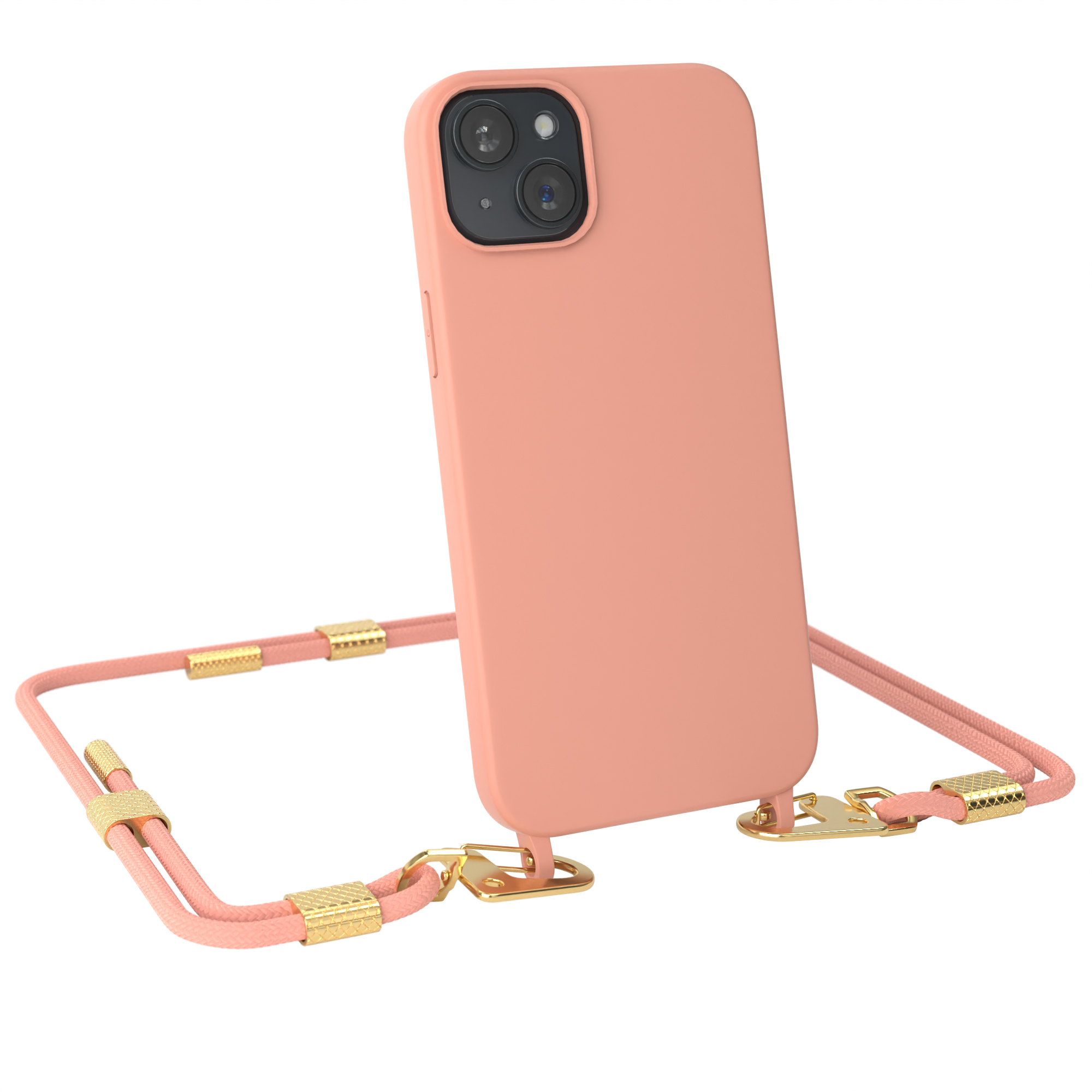 Pfirsichfarbenes Telefon mit pinkfarbenem Kordelband und goldenen Verschlüssen.