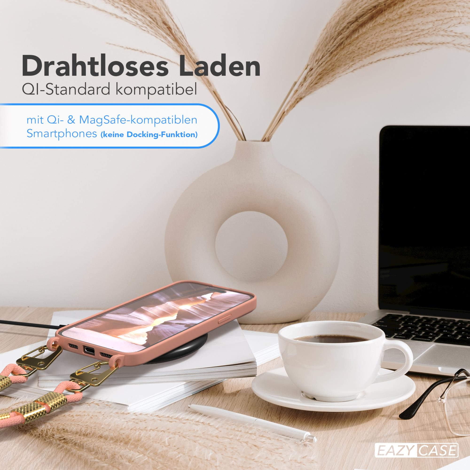 Telefon auf kabellosem Ladegerät, neben einer Vase und einer Kaffeetasse. Text über kabelloses Laden.
