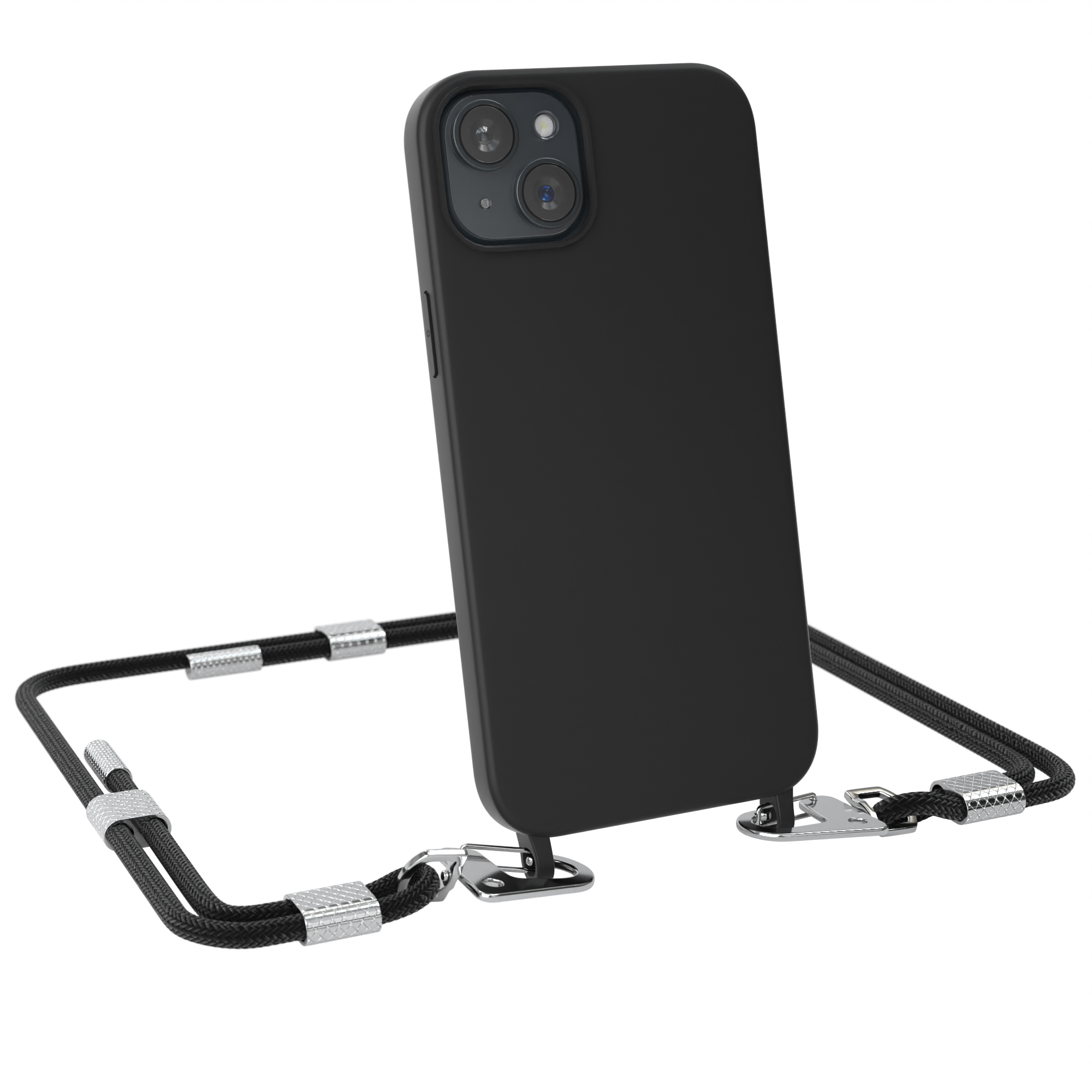 Schwarzes Telefon mit Umhängeband. Die Handyhülle ist schwarz, das Band schwarz-silber.