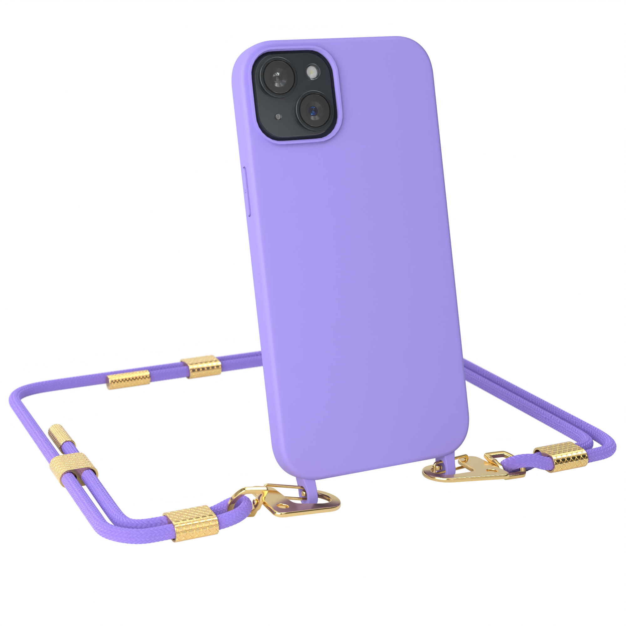 Eine lila Handyhülle mit Schlüsselband, befestigt an einem Telefon auf weißem Hintergrund.