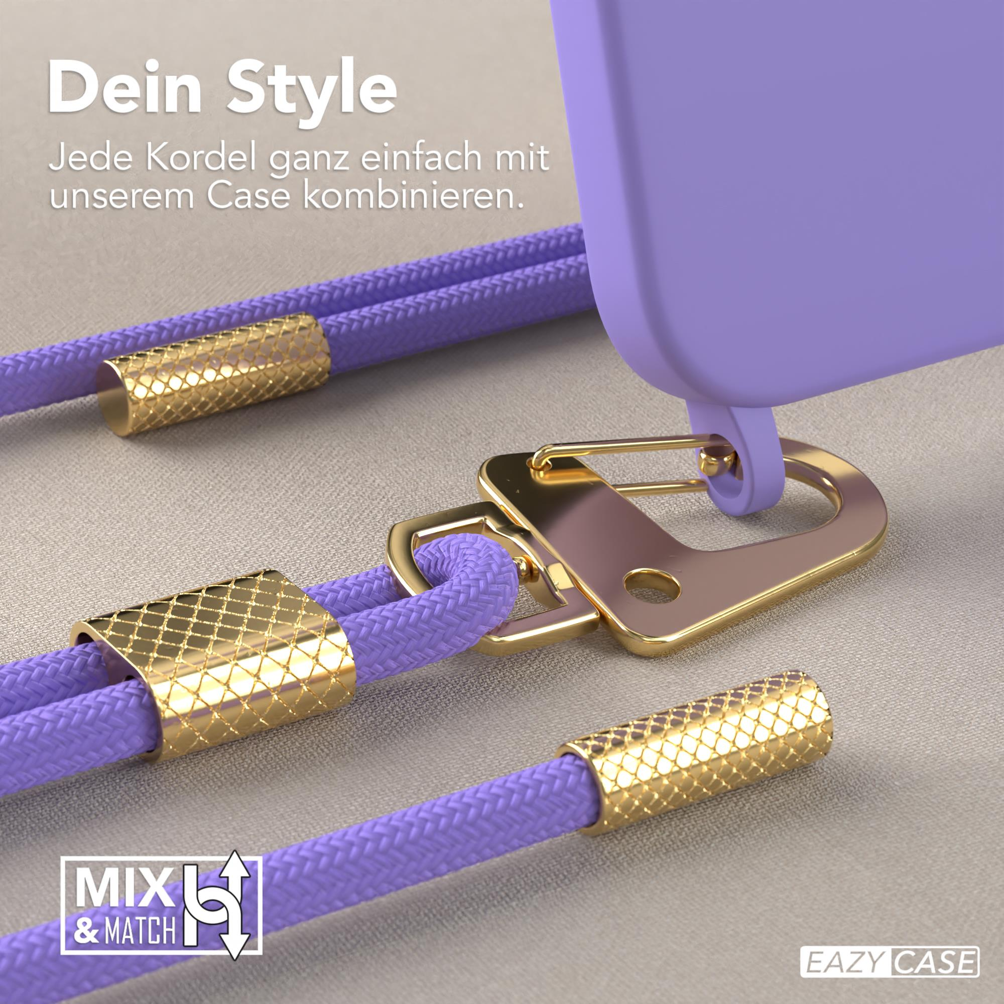 Eine lila Handyhülle mit goldenen Akzenten und einer lila Kordel. Die Kordel hat goldene Akzente.