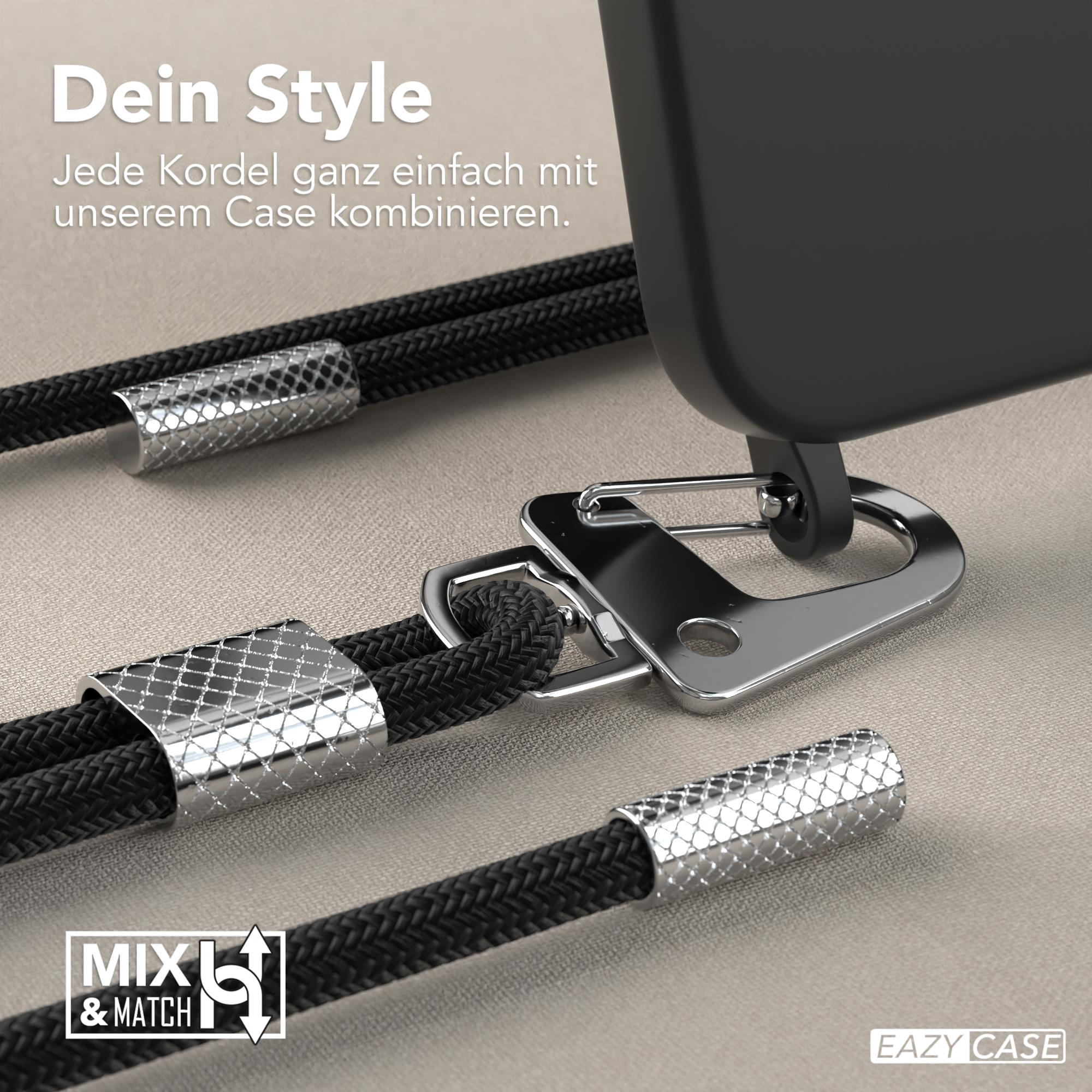 Schwarzes Handycase mit silberner Kordel, Nahaufnahme der Kordel und des Handys.
