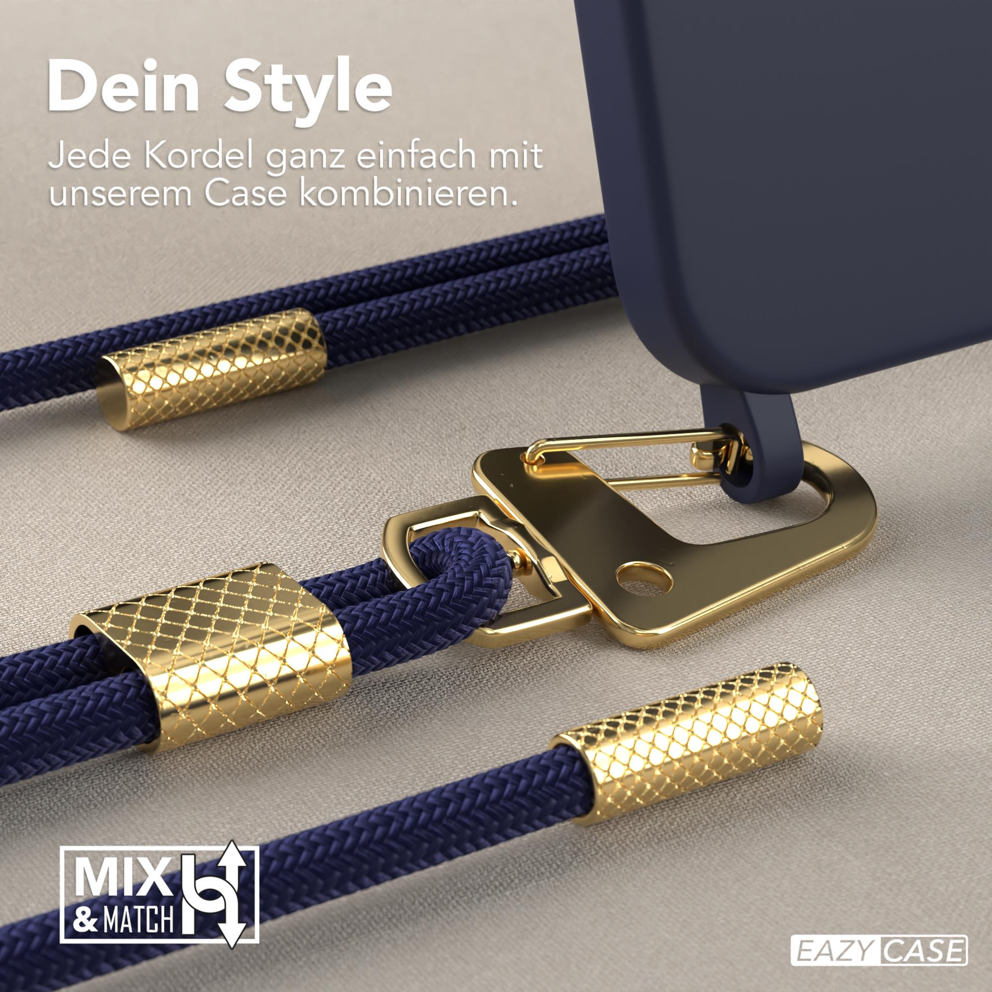 Nahaufnahme einer marineblauen Handyhülle mit goldenen Akzenten und passendem Band.