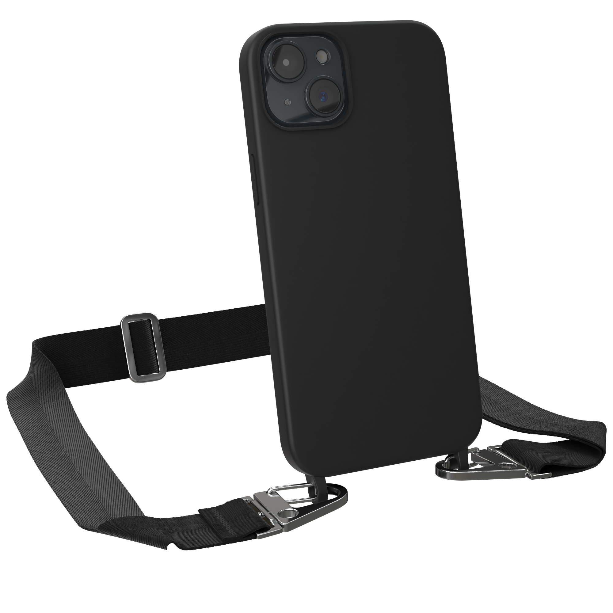 EAZY CASE Handy Kette Breit Silber Premium Umhängetasche, / Plus, Schwarz iPhone Apple, Silikon 15 Karabiner mit Hülle