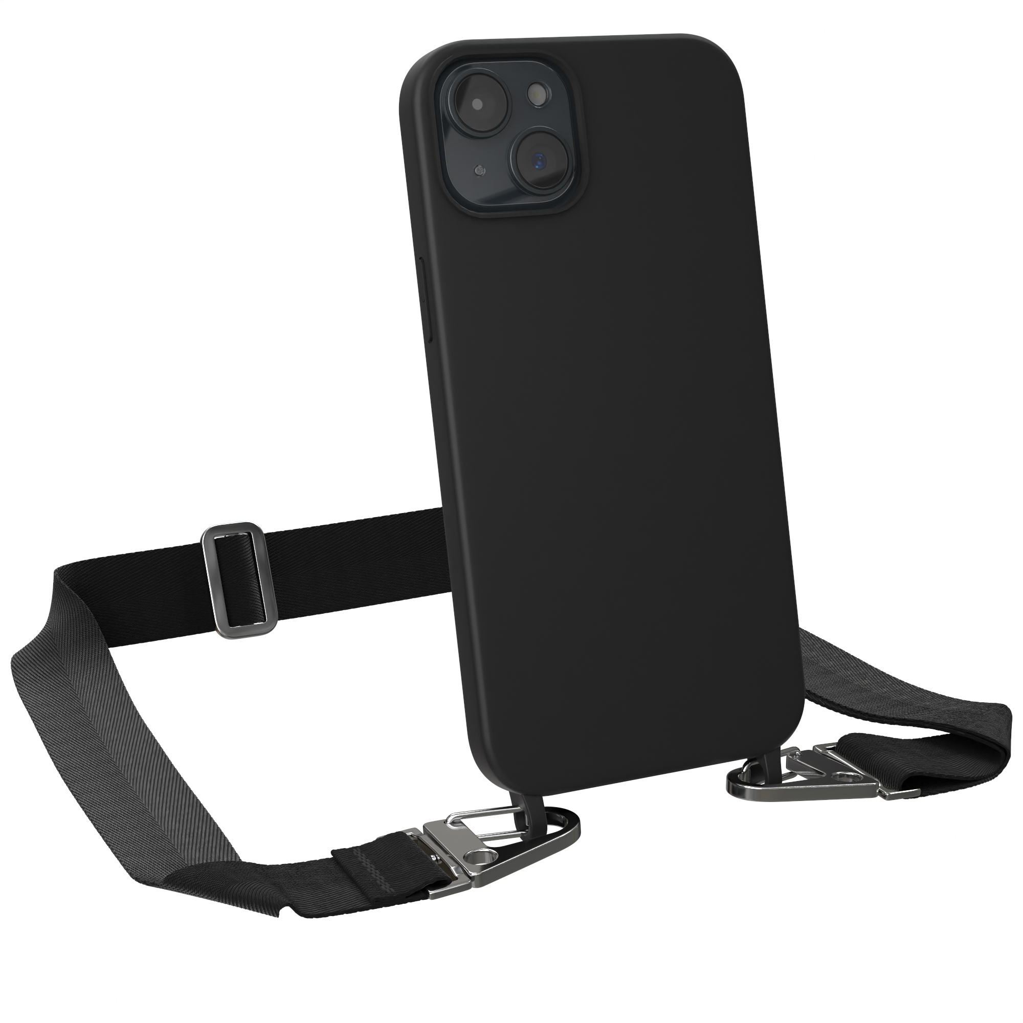 EAZY Kette Hülle, Silber Premium iPhone Apple, CASE mit Breit Karabiner Plus, 15 Handy / Silikon Umhängetasche, Schwarz