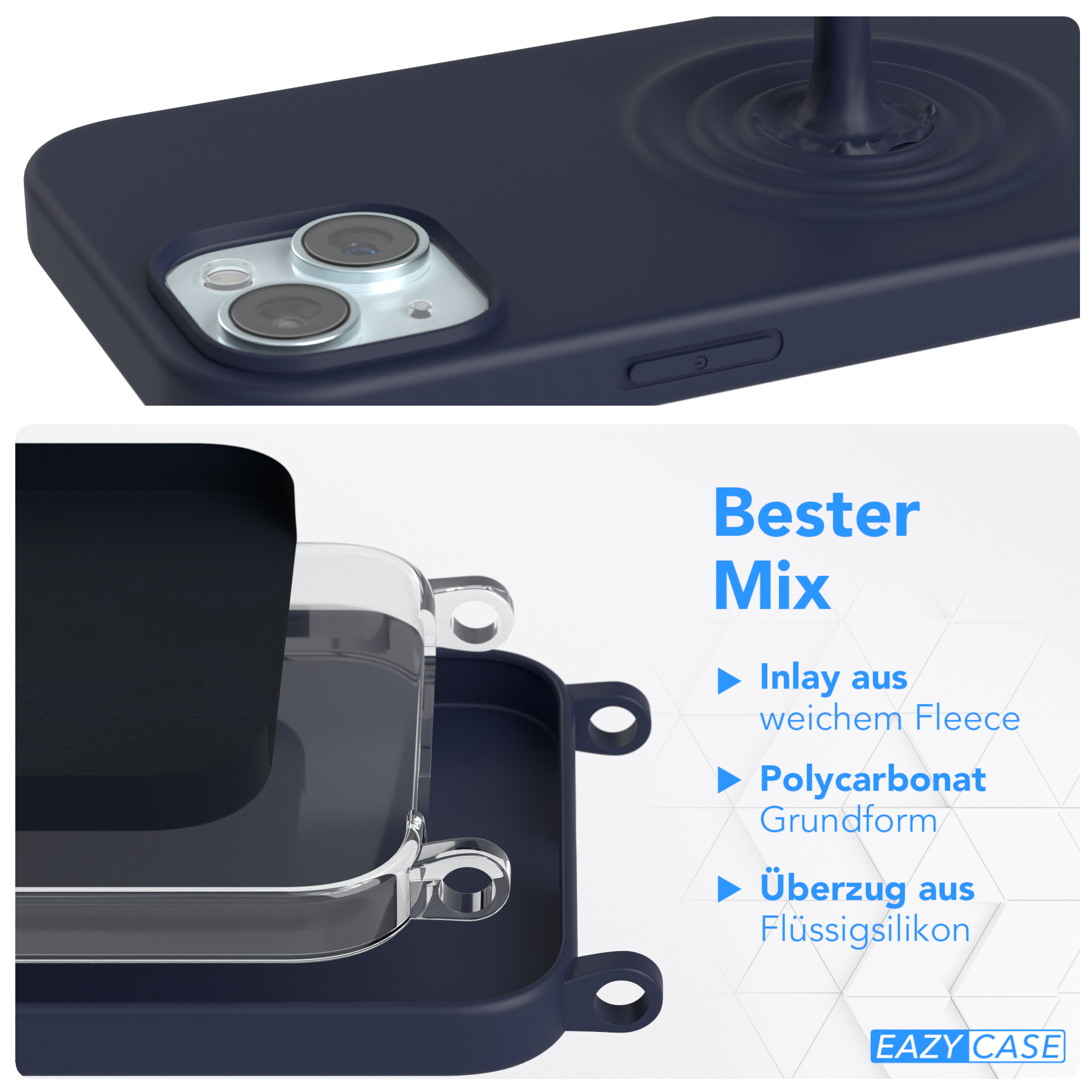 EAZY CASE Runde Handykette mit Nachtblau iPhone 15, / Blau Umhängetasche, Apple, Dunkel Karabiner
