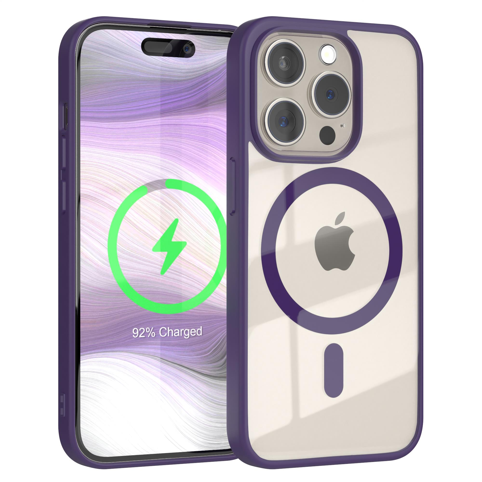 Lila Handyhülle mit Telefon. Apple-Logo. Laden bei 92%.