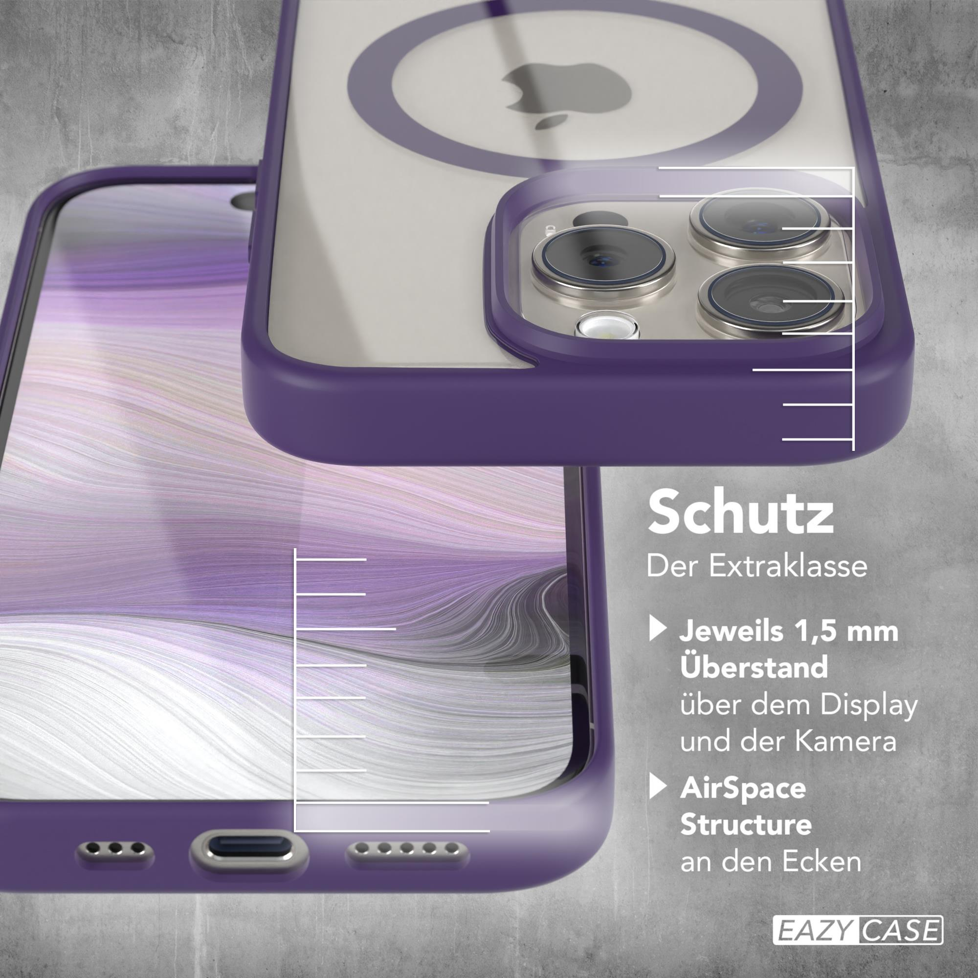 Lila Handyhülle mit durchsichtigem Rücken, der das Apple-Logo zeigt. Schutzeigenschaften beworben.