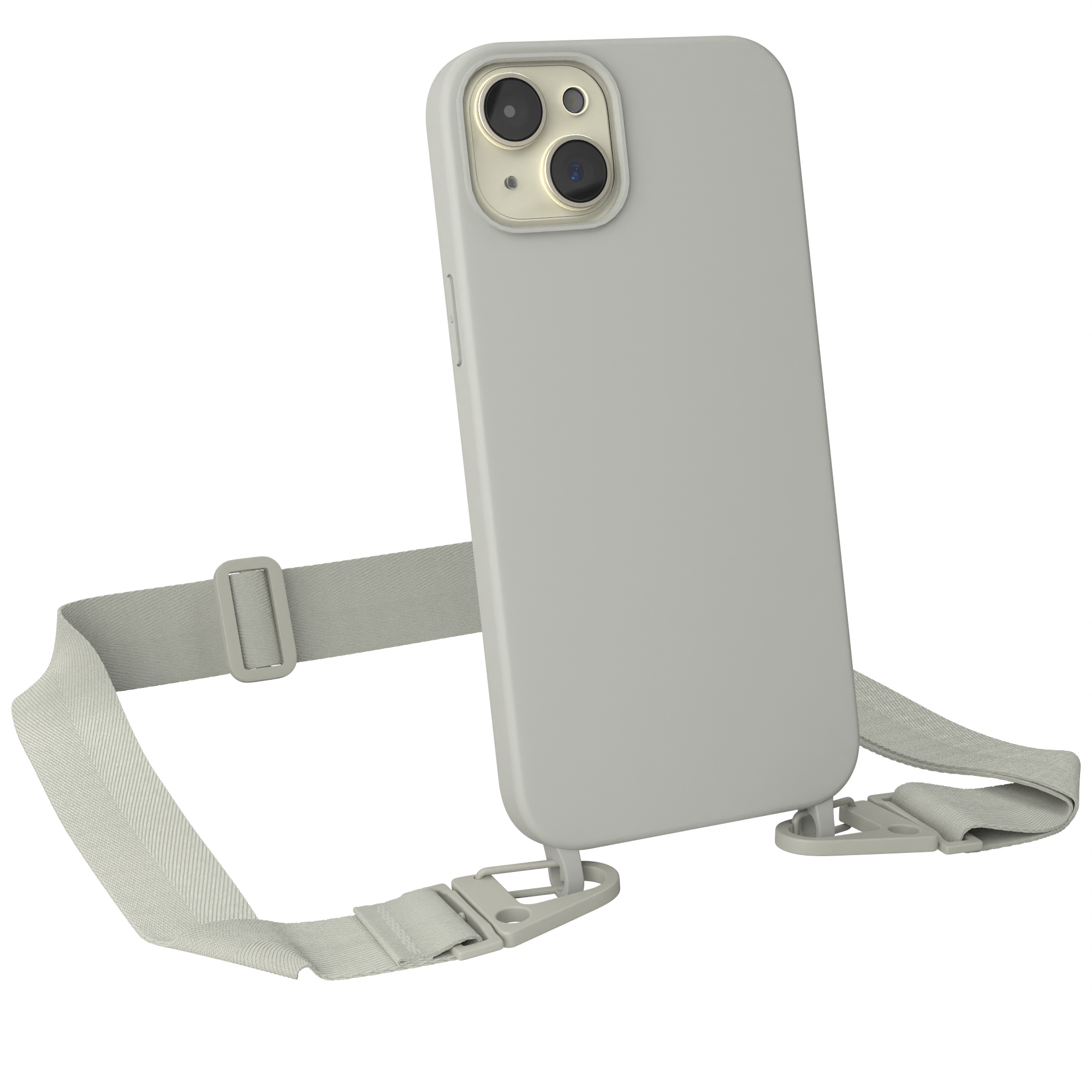 Hellgraue Handyhülle mit Riemen. Die Handyhülle bedeckt das Telefon.