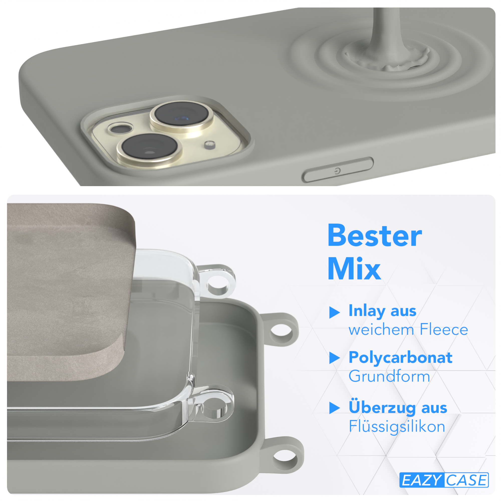 Handyhülle mit grauem Telefon und Flüssigkeitsspritzer-Design. Text über die Hüllenmerkmale.
