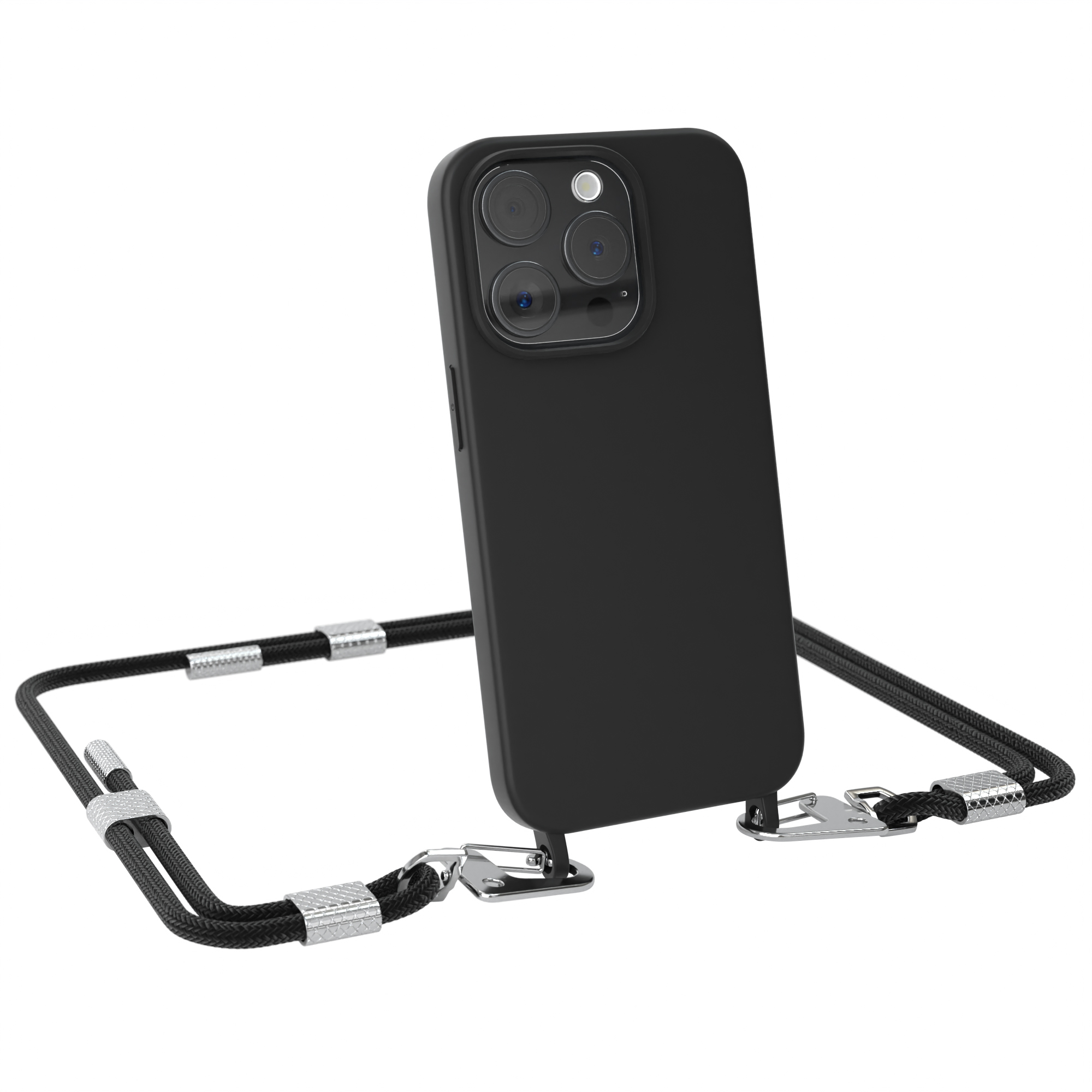 EAZY Schwarz Runde 15 Pro, iPhone CASE Umhängetasche, Apple, mit Karabiner, Handykette