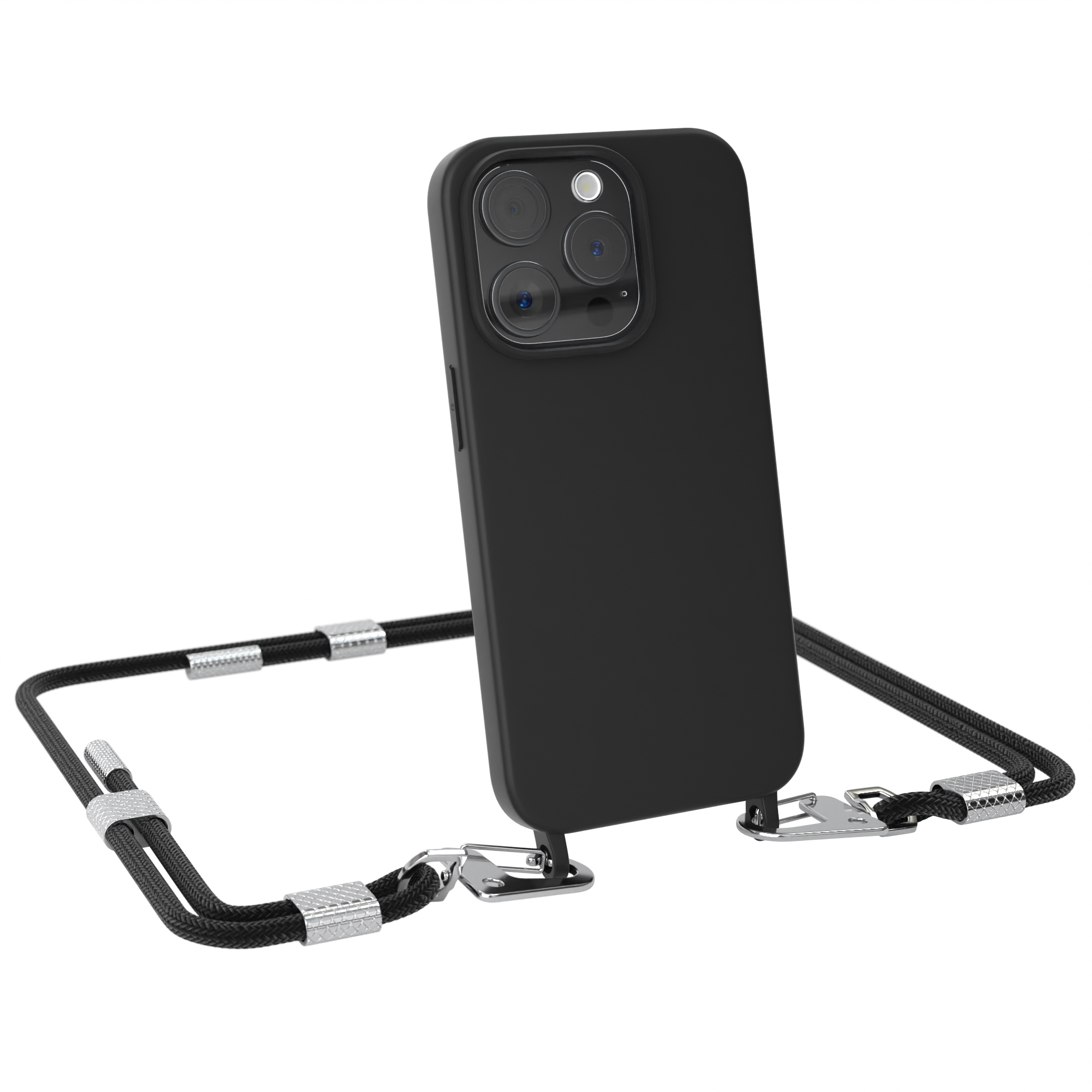 EAZY CASE Runde Handykette mit Schwarz Apple, iPhone Umhängetasche, 15 Karabiner, Pro