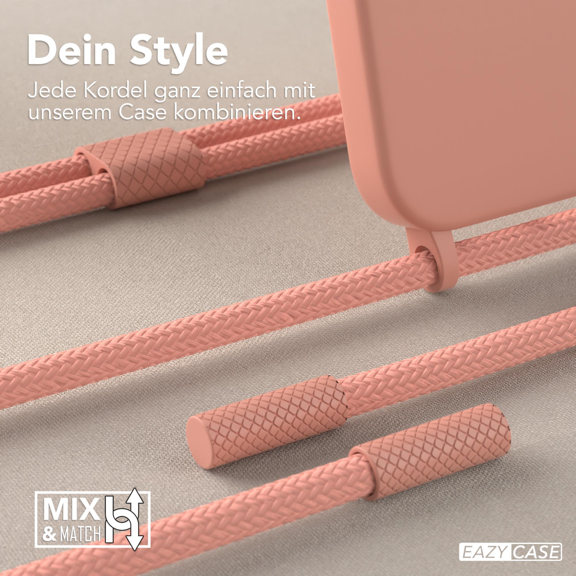 Nahaufnahme einer rosa Handyhülle mit geflochtenen Kordeln. Text: Mix & Match.