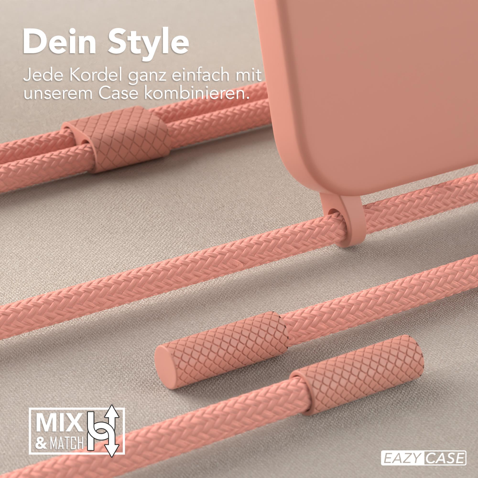 Nahaufnahme einer Handyhülle mit pinkfarbener Kordel, Text 'MIX & MATCH' und 'EAZY CASE'.