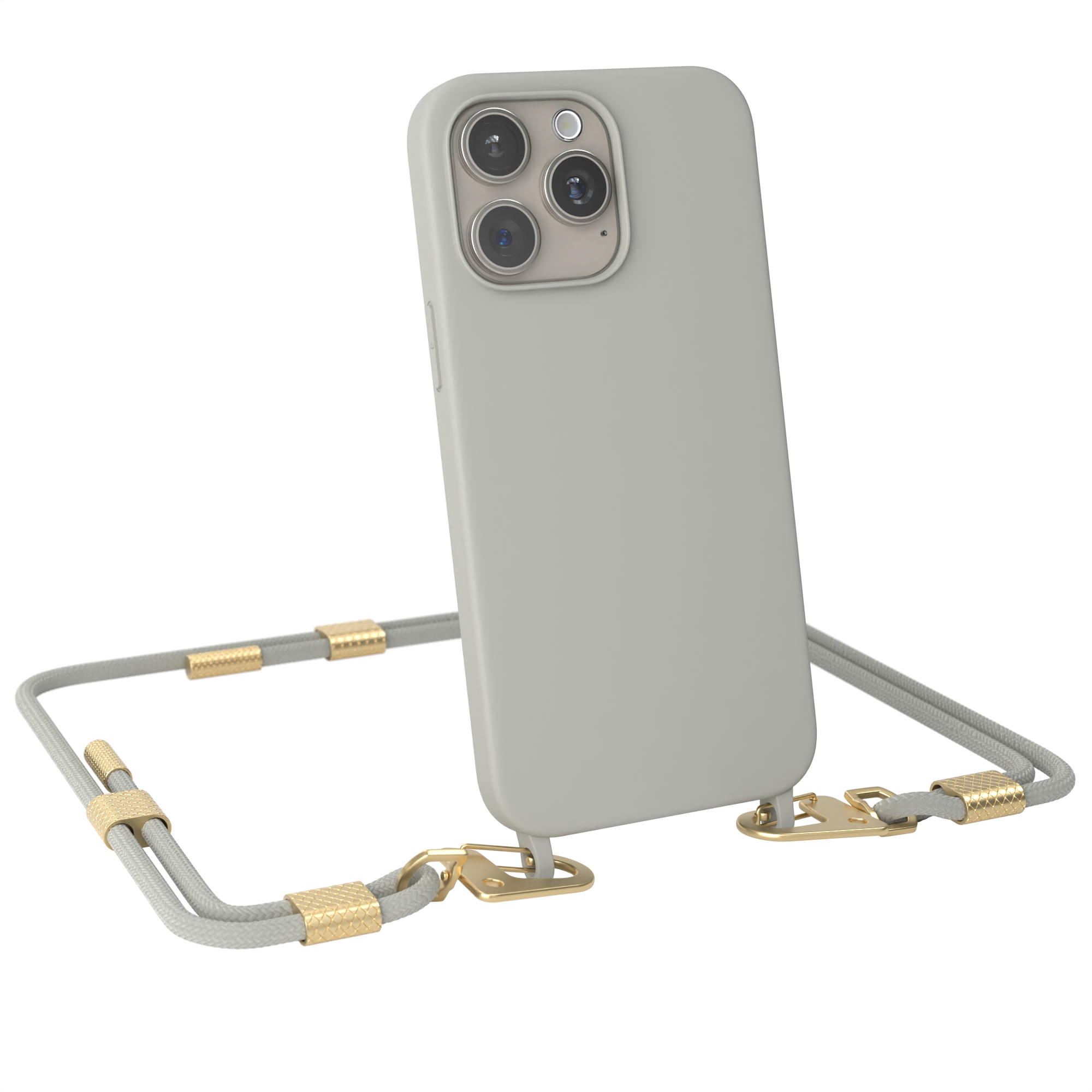 Graue Handyhülle mit Lanyard. Das Lanyard ist grau und goldfarben.