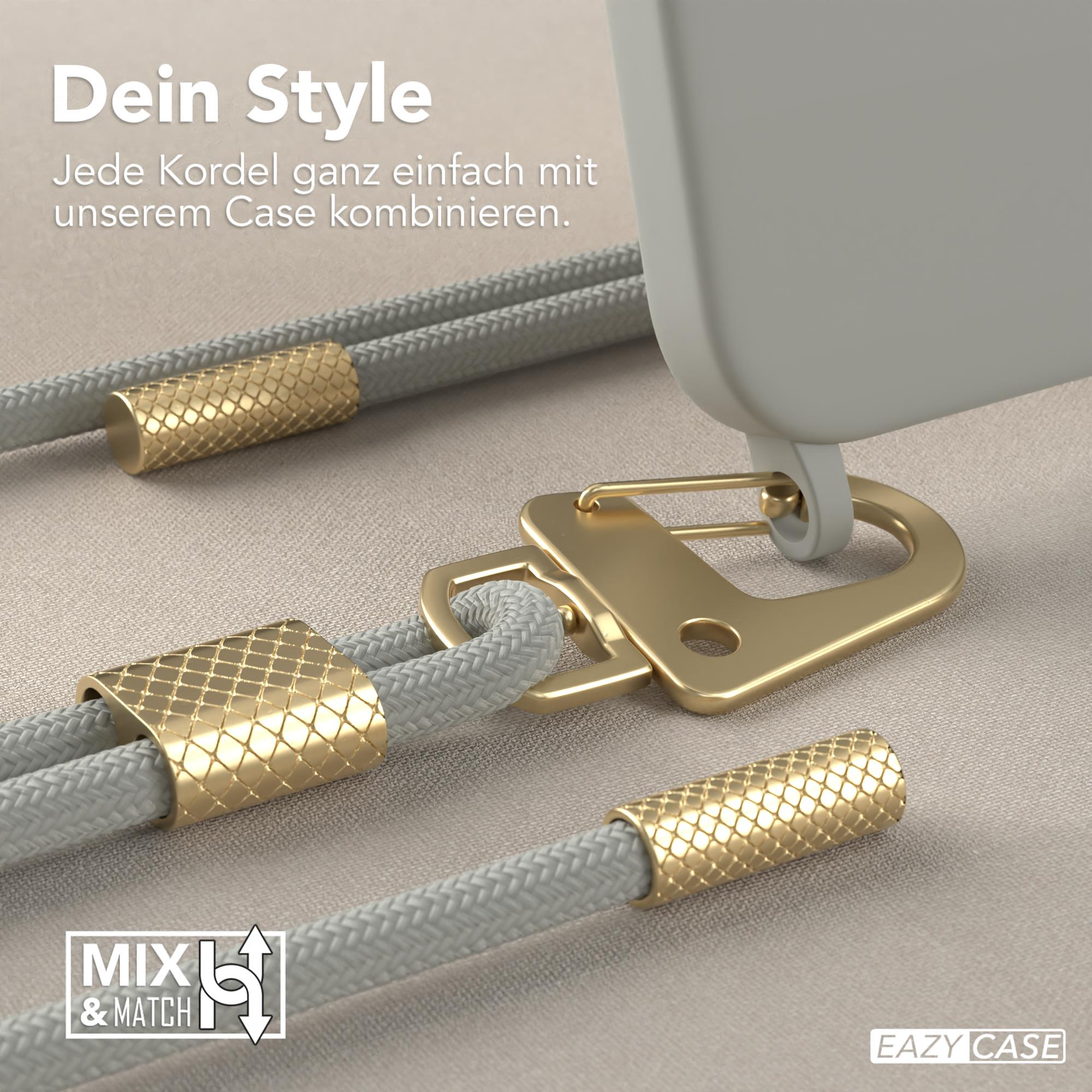Graue Handyhülle mit goldenen Details und einem grauen Schlüsselband.